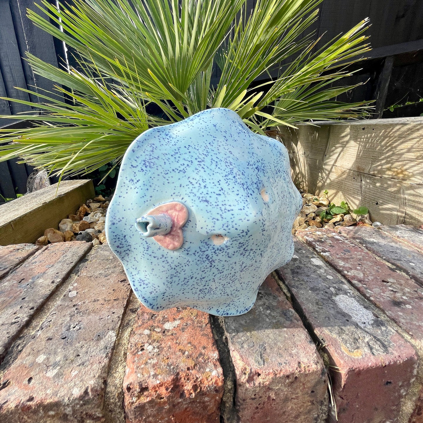 Pink and Blue Ceramic Bird feeder, Handmade Garden Decoration