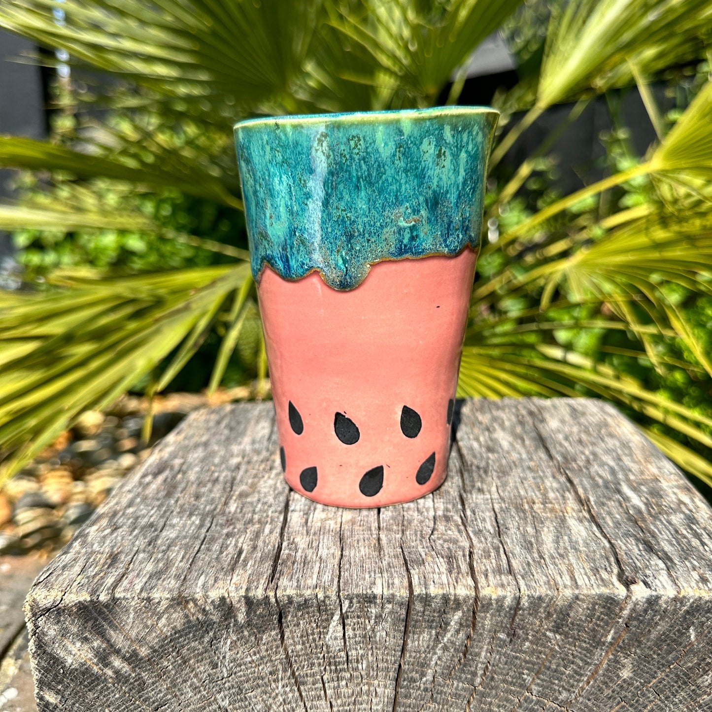 Ceramic Watermelon Drink Tumbler, Large Pink and Green Water Cup