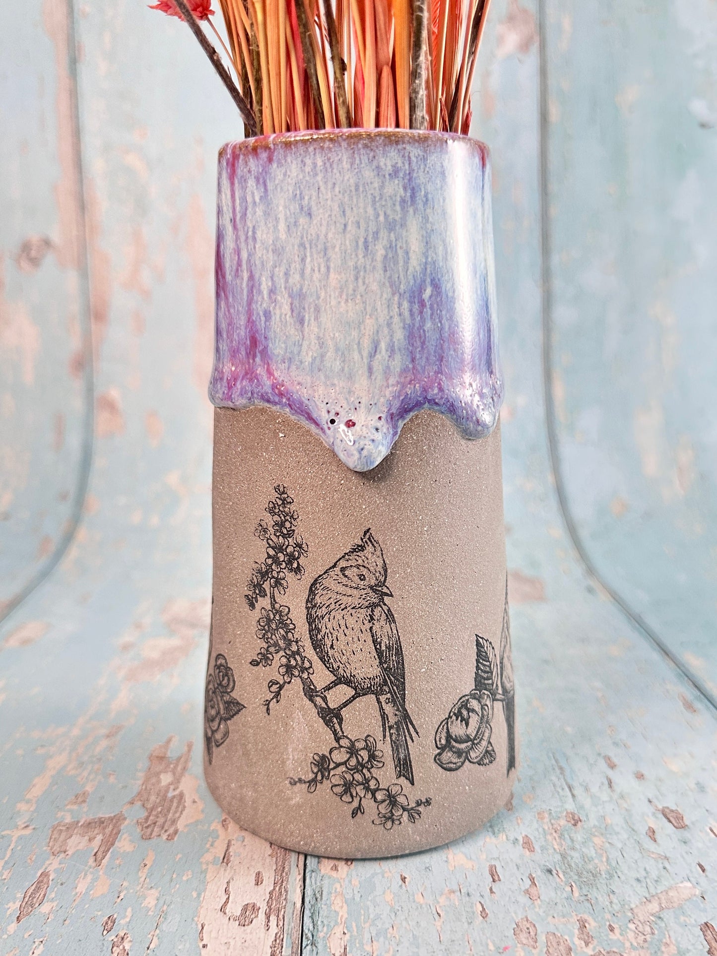 Purple Bird Floral Ceramic Vase, Handmade Modern Pottery