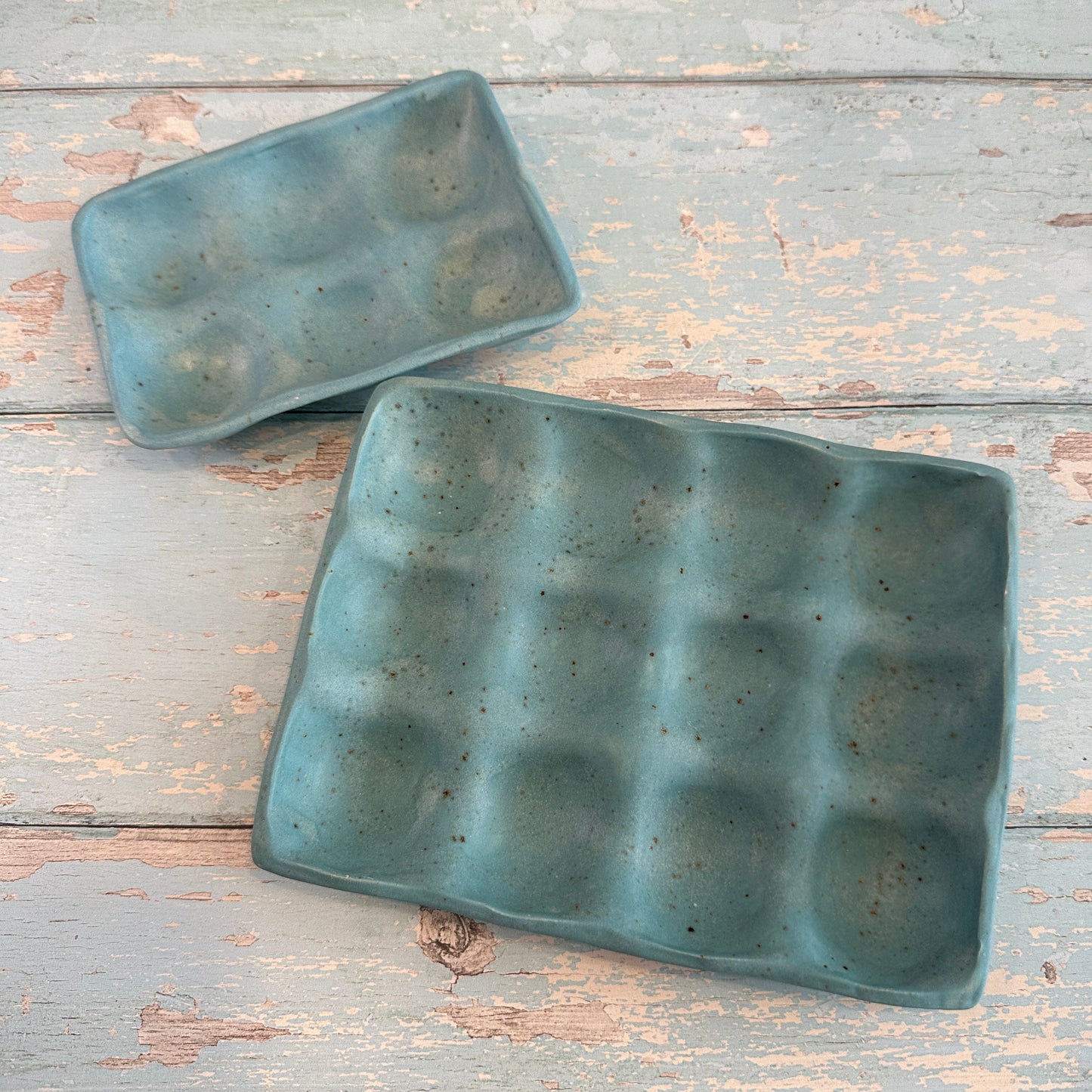 Blue Ceramic Egg Tray, Holds 6 or 12 Eggs