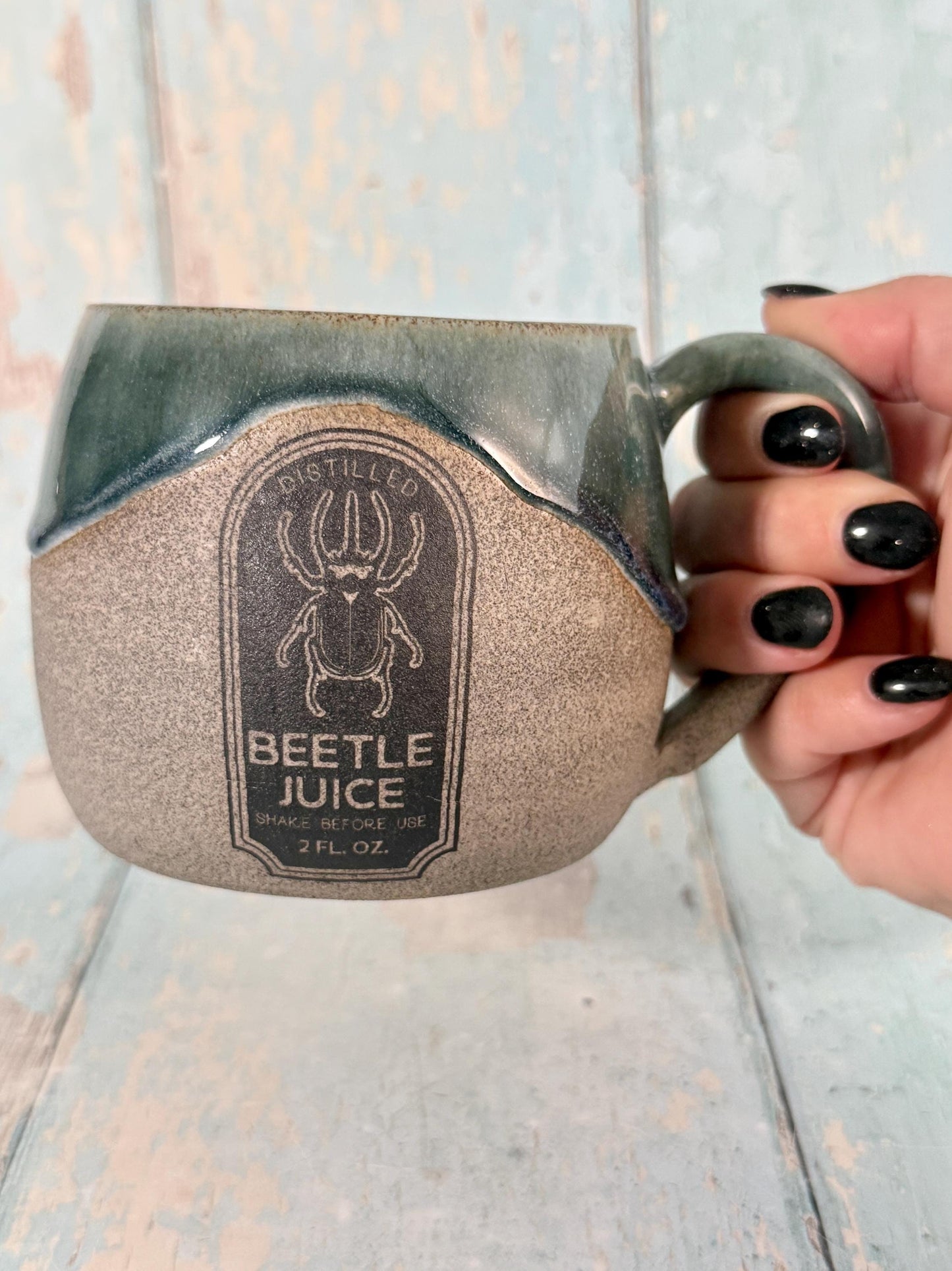 Green Beetle Juice Label Mug Halloween Spooky Season Cup