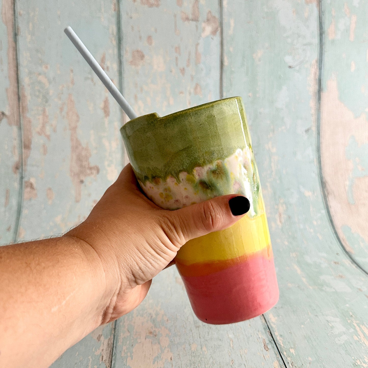 Pink and Yellow and Green Straw Holder Tumbler, Large Ceramic Cup