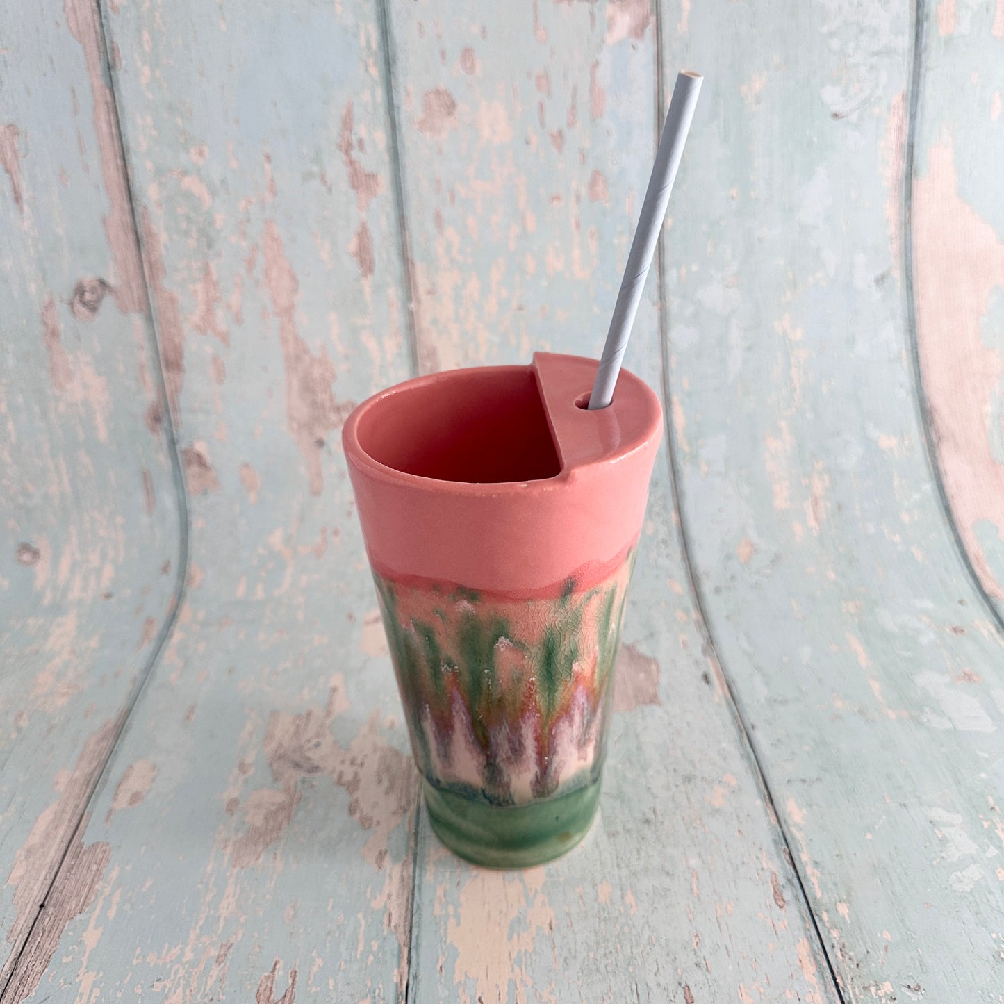 Coral Pink and Green Straw-holder Tumbler, Large Ceramic Cup