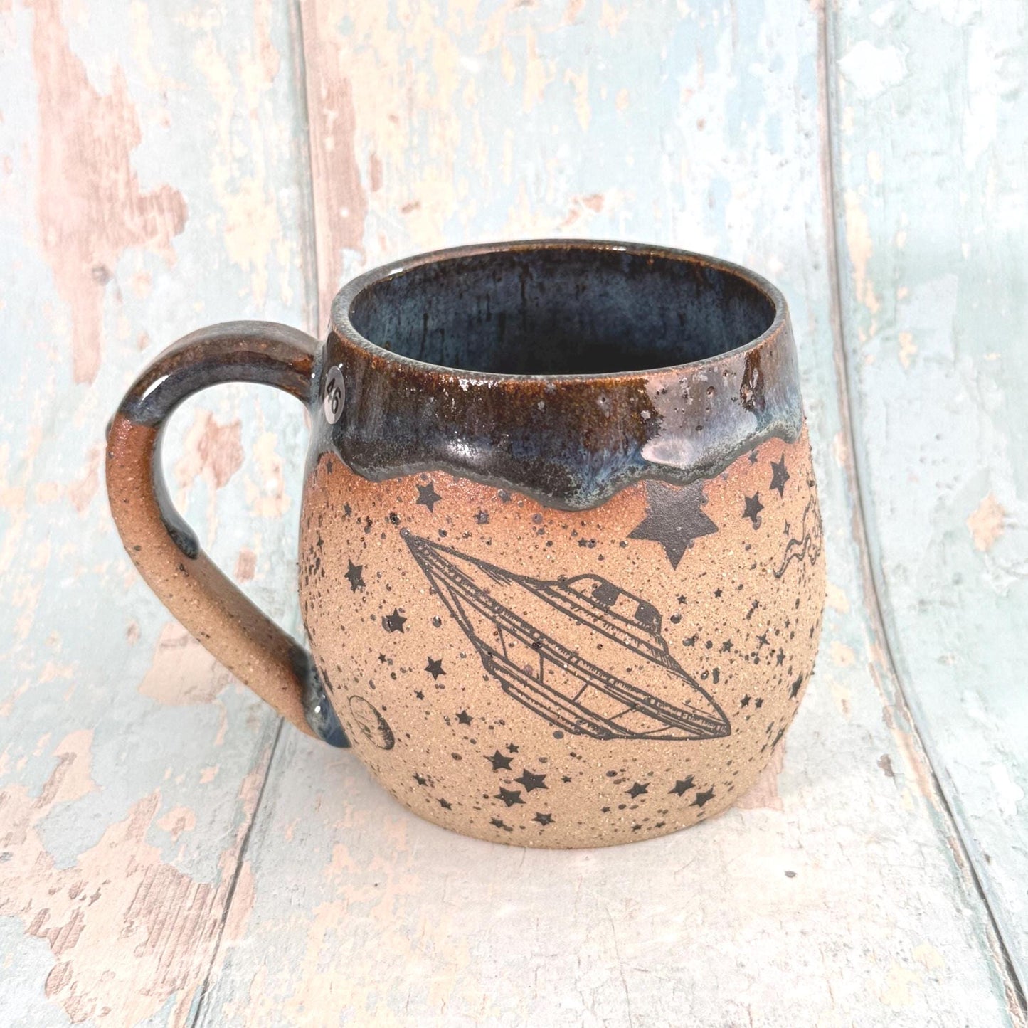 Blue Space UFO Mug, Large Ceramic Cup, UAP Alien