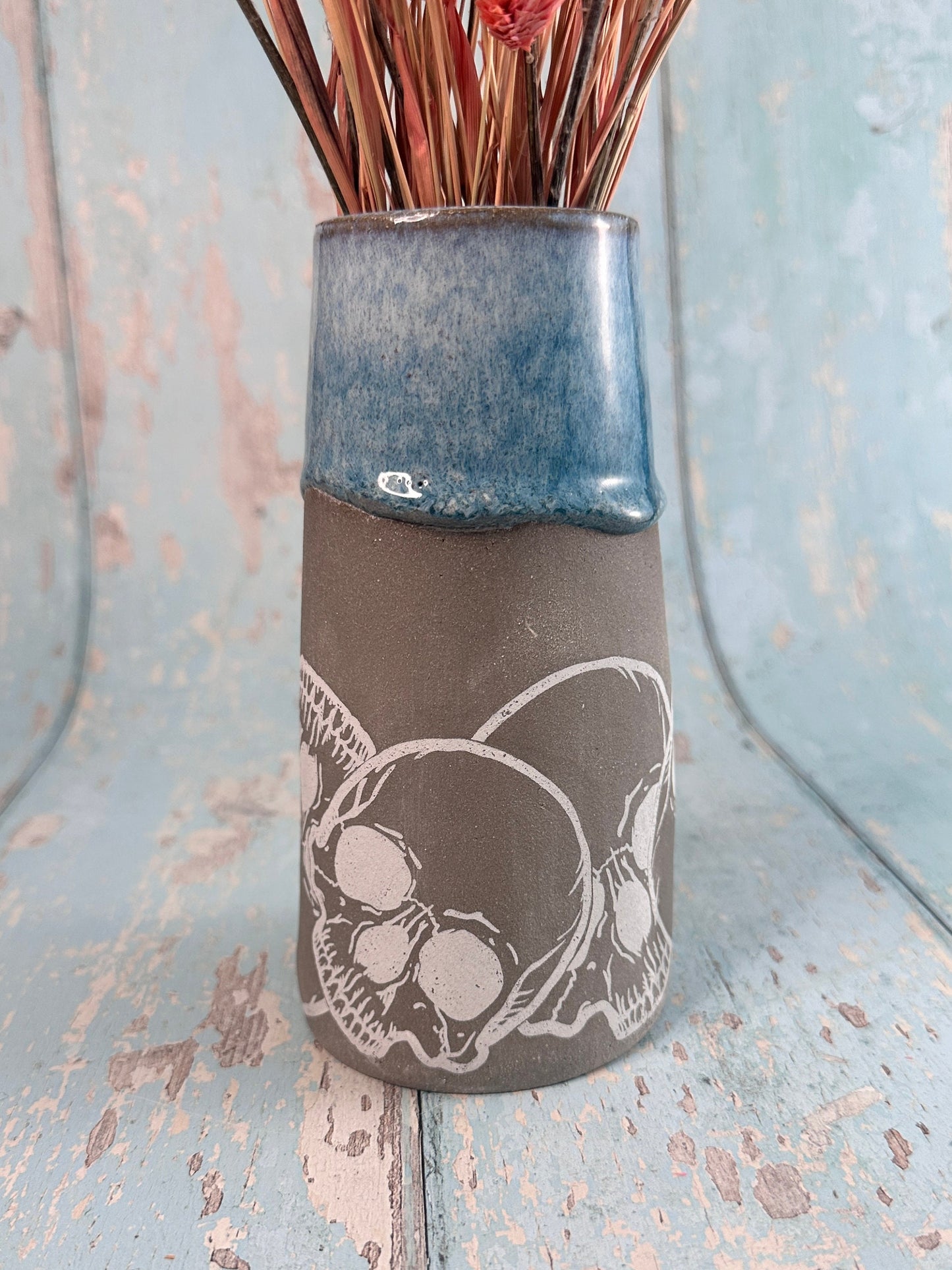 Blue Skull Floral Ceramic Vase, Handmade Modern Pottery