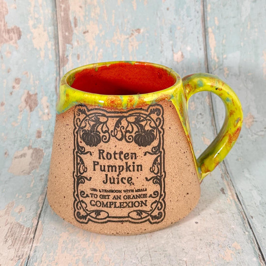 Yellow and Orange Halloween Rotten Pumpkin Witch Label Mug, Spooky Season Cup
