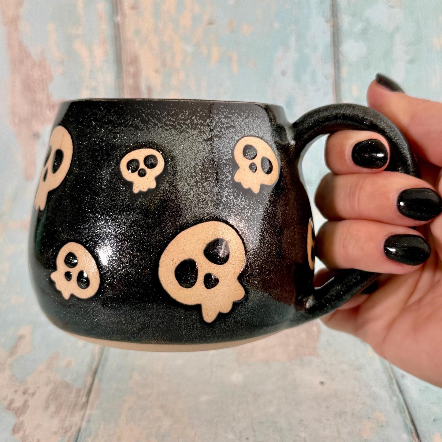 Glittery Black Skull Mug, Handmade Ceramic Cup, Spooky Halloween Mug