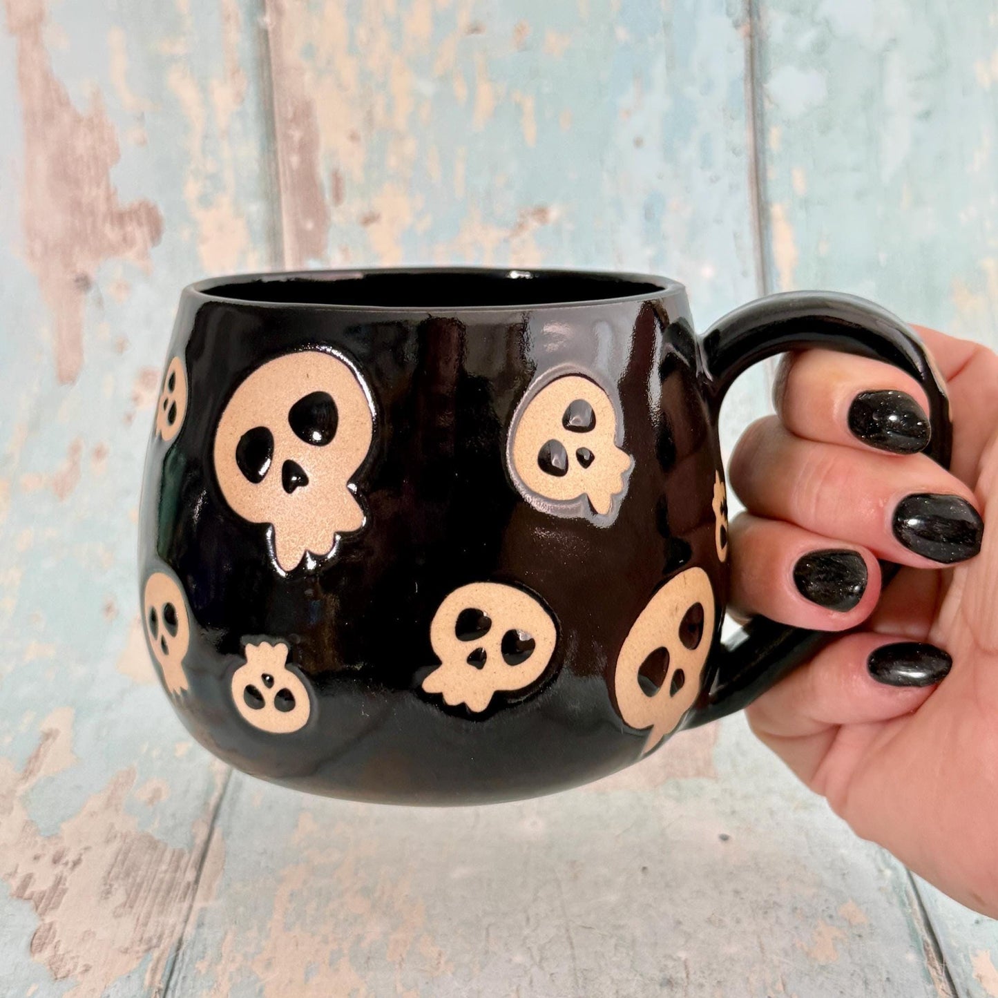 Black Skull Mug, Handmade Ceramic Cup, Spooky Halloween Mug
