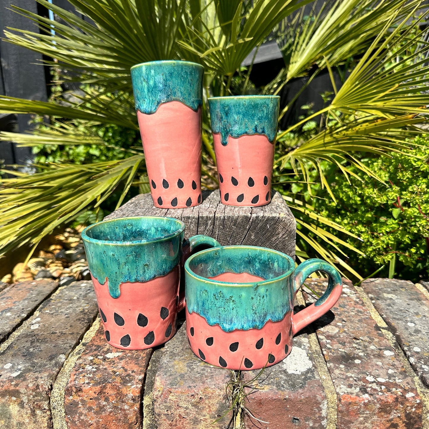 Ceramic Watermelon Drinks Tall Tumbler, Large Pink and Green Water Cup