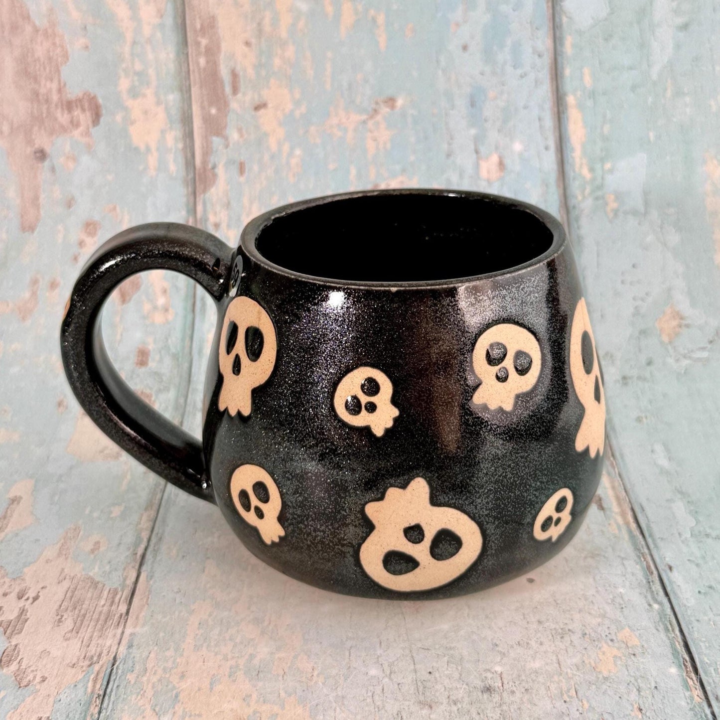 Glittery Black Skull Mug, Handmade Ceramic Cup, Spooky Halloween Mug