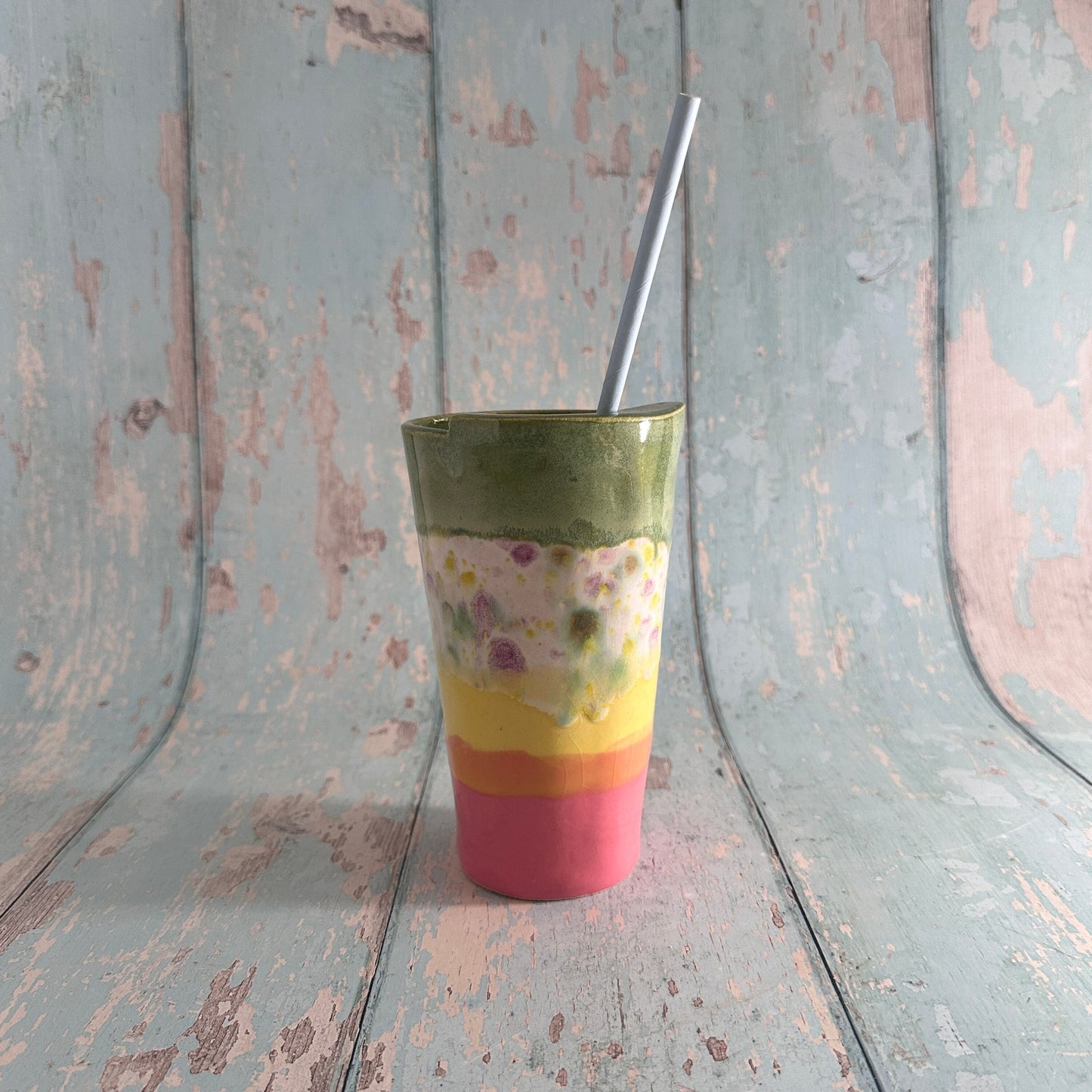 Pink and Yellow and Green Straw Holder Tumbler, Large Ceramic Cup