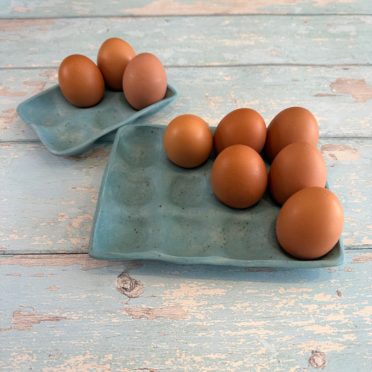 Blue Ceramic Egg Tray, Holds 6 or 12 Eggs