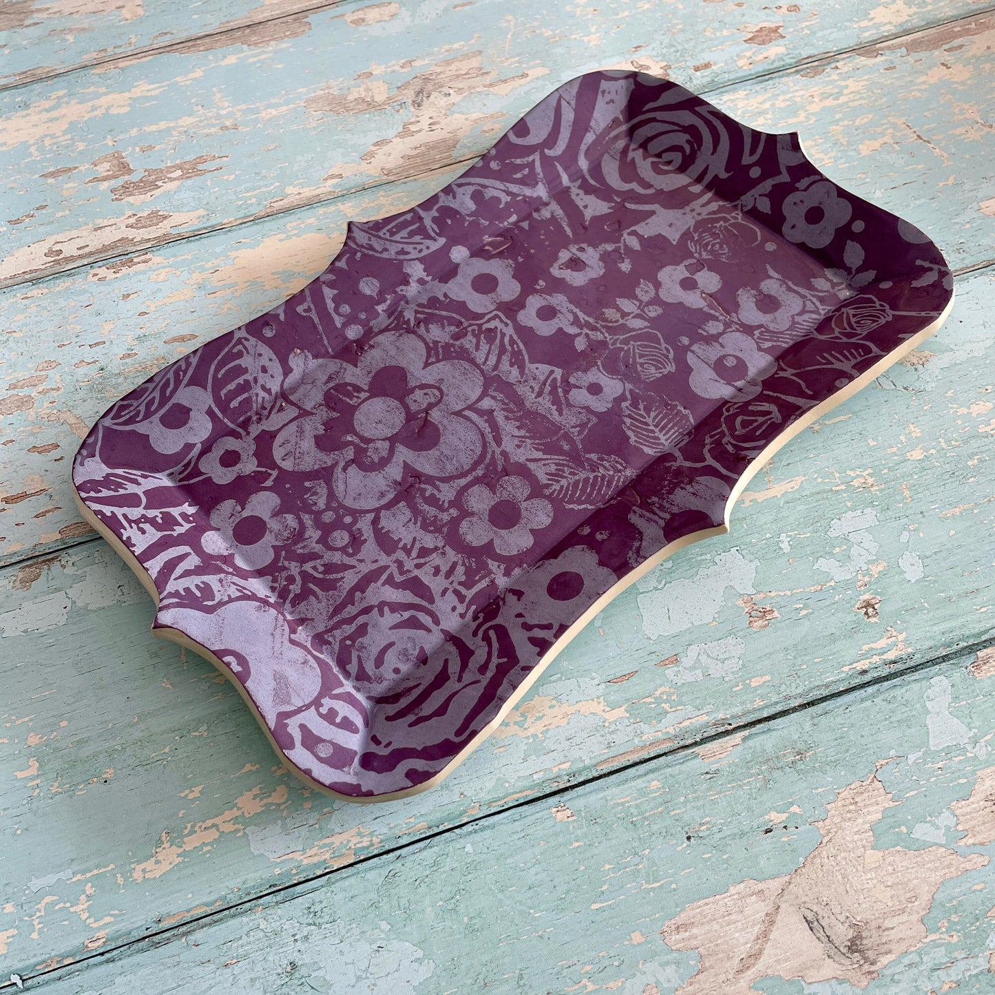 Purple Floral Platter, Shabby Chic Plate Tray