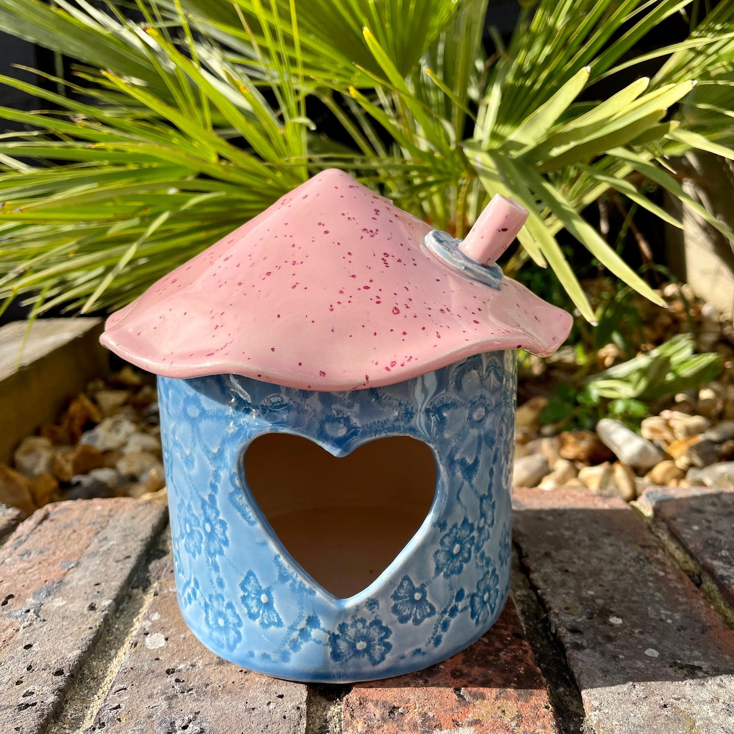 Pink and Blue Ceramic Birdhouse, Handmade Garden Decoration