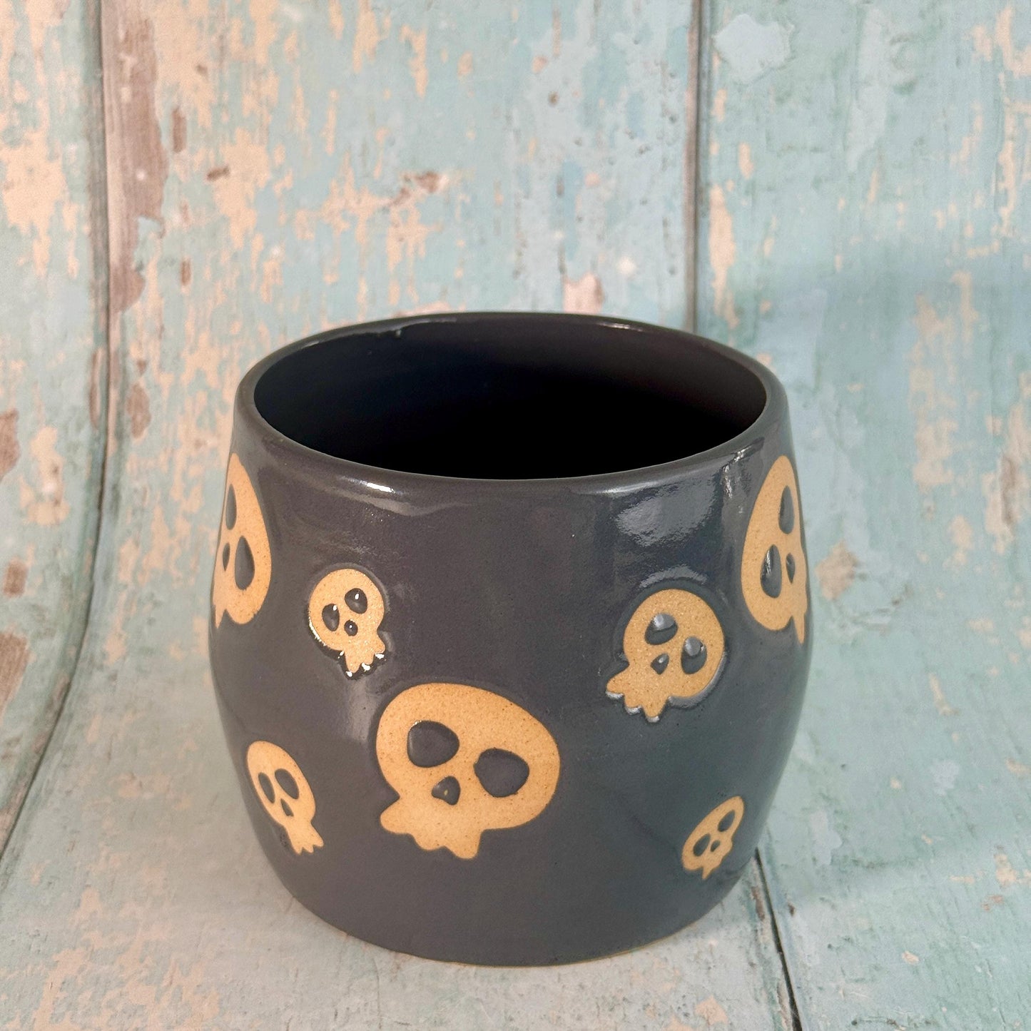 Grey Skull Mug, Handmade Ceramic Cup, Spooky Halloween Mug