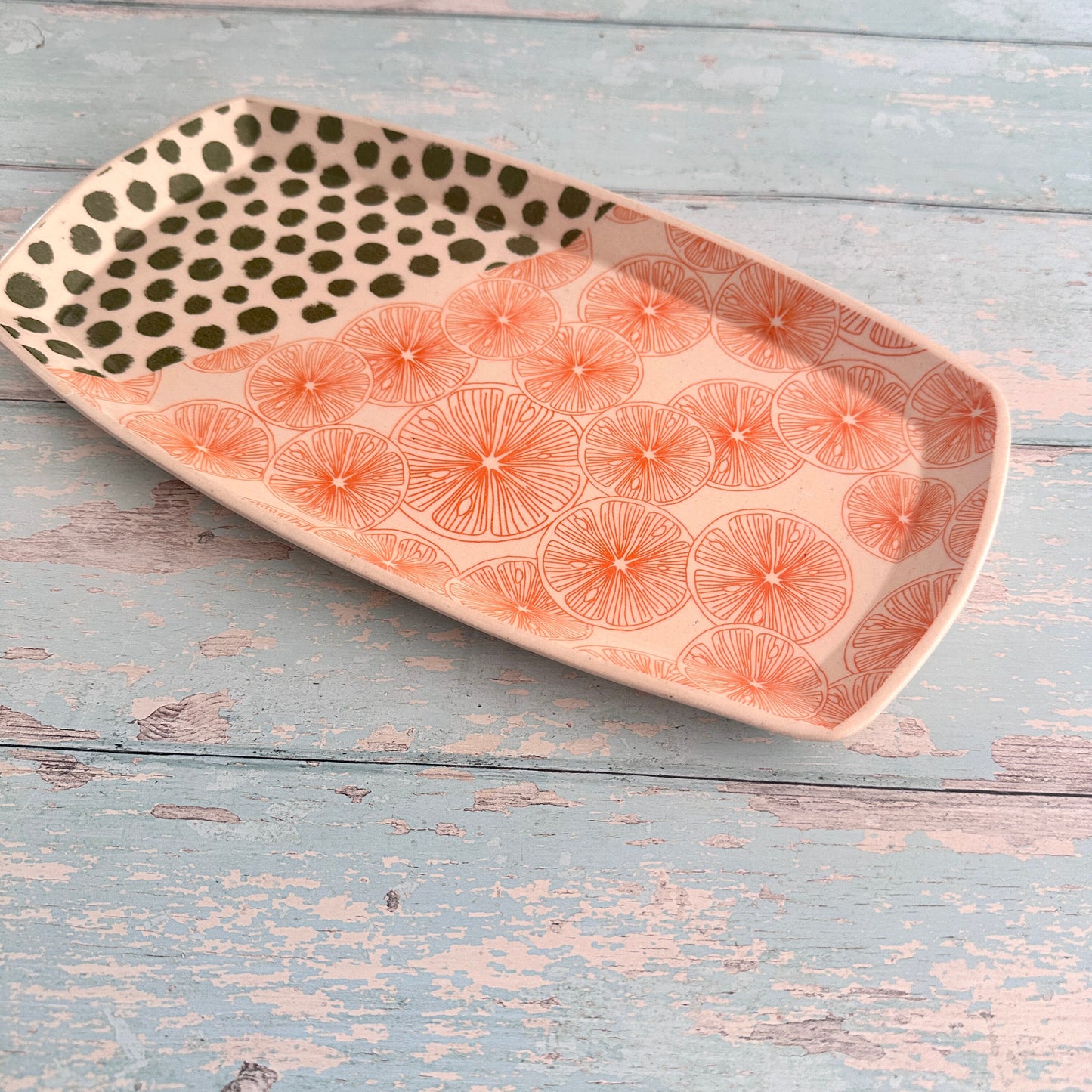 Orange and Green Platter, Large Handmade Rectangle Ceramic Plate