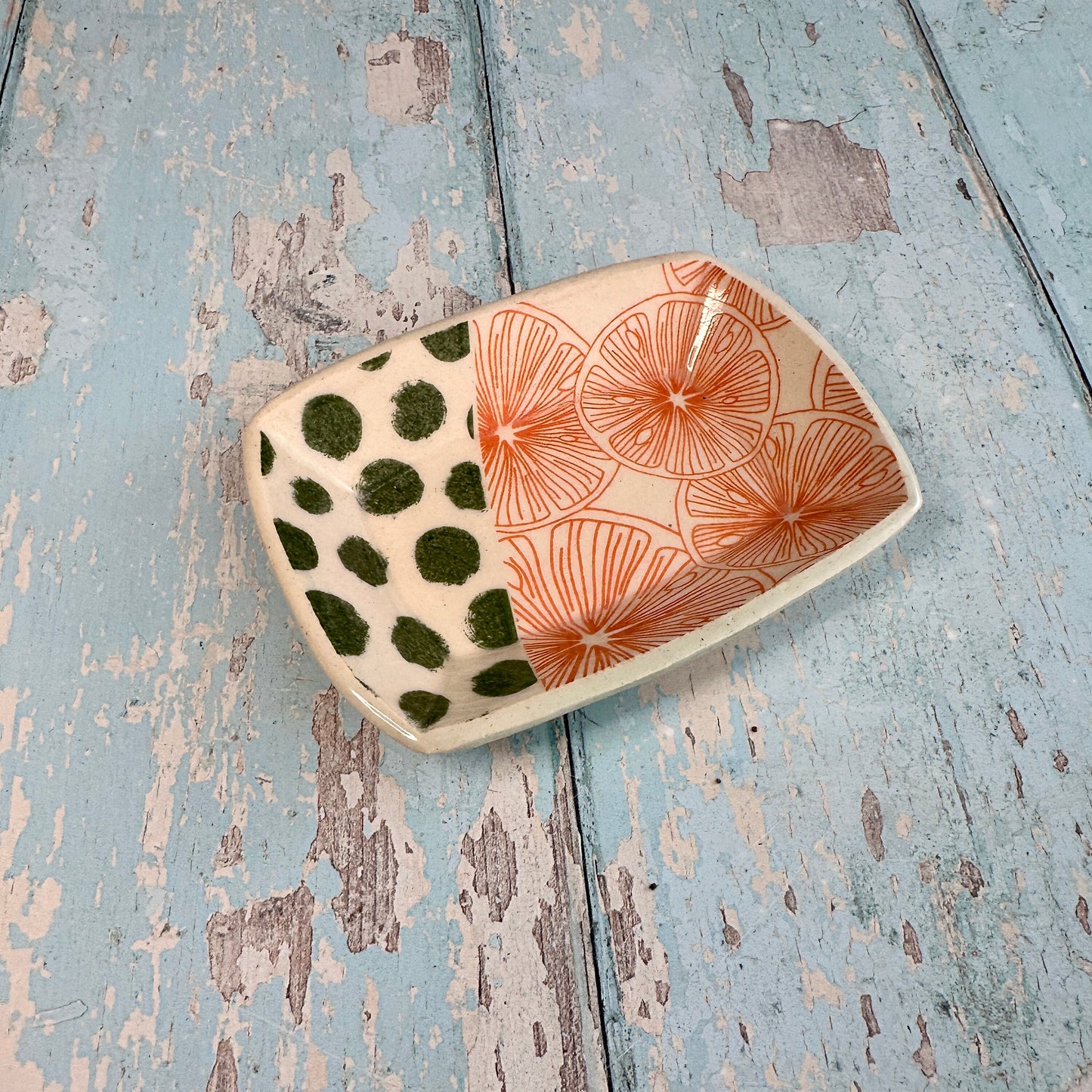 Orange and Green Jewellery Dish, Handmade Hexagon Ceramic Pot