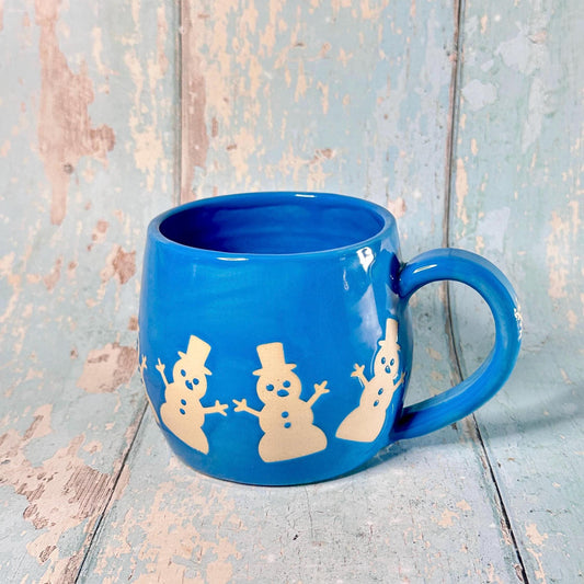 Blue Christmas Snowman Mug, Handmade Ceramic Cup