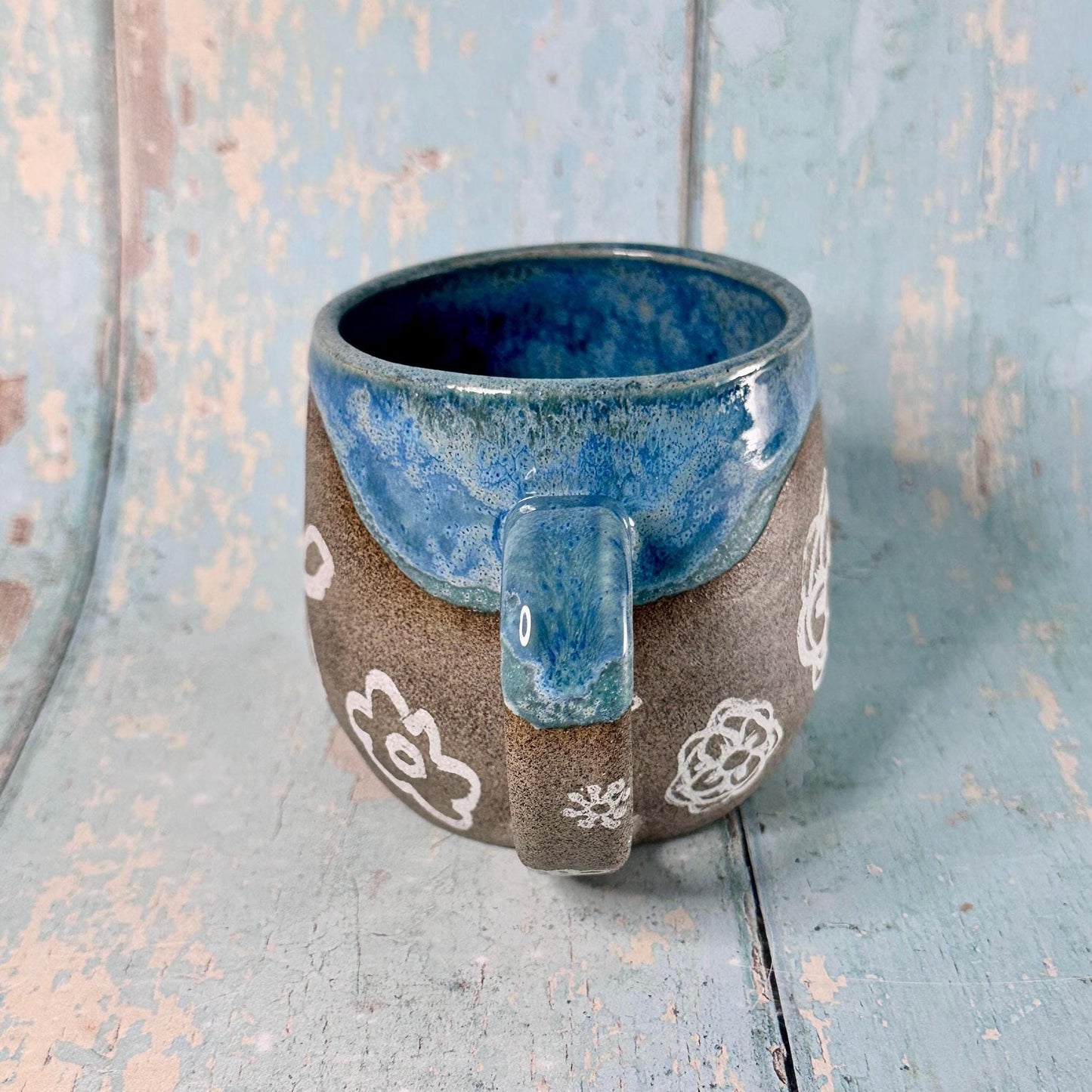 Blue and Grey Flower Mug, Large Handmade Ceramic Cup