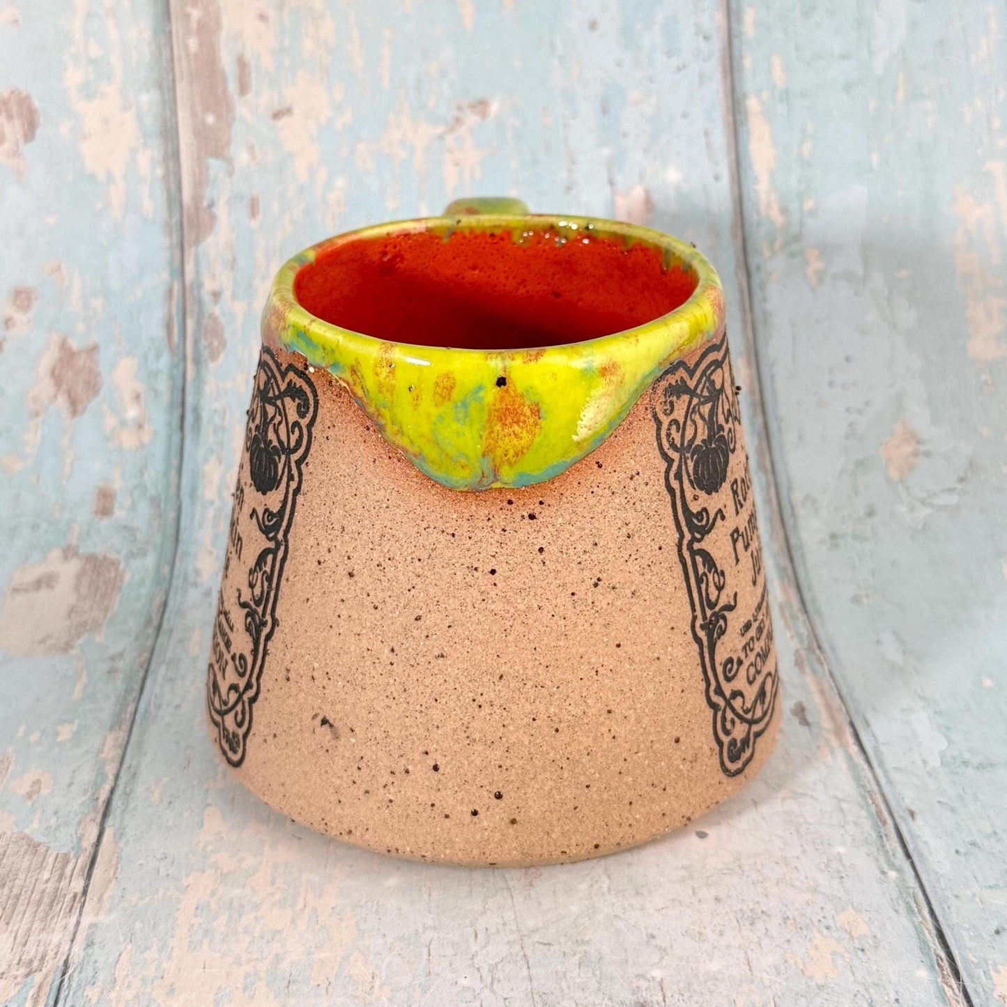 Yellow and Orange Halloween Rotten Pumpkin Witch Label Mug, Spooky Season Cup