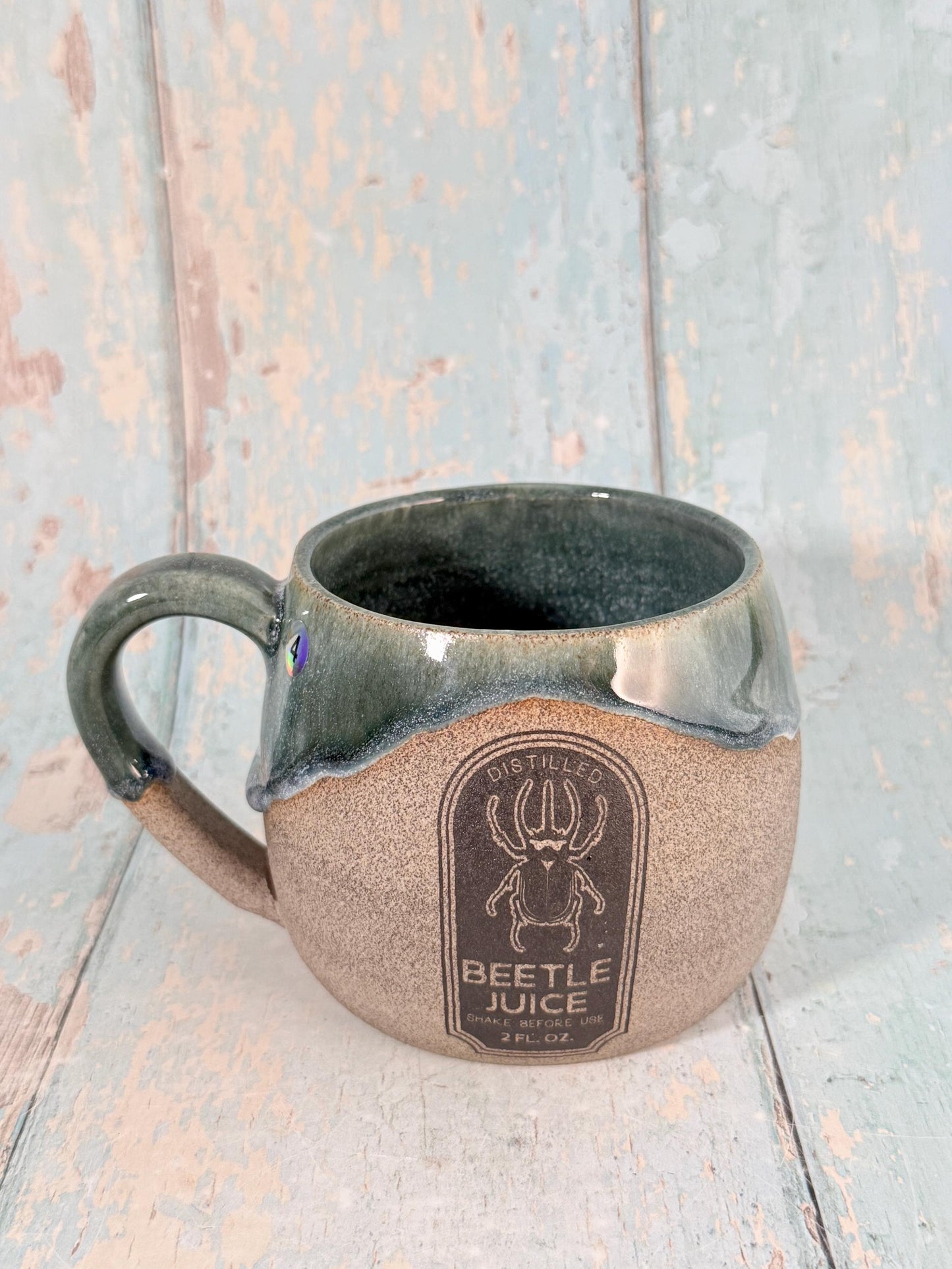 Green Beetle Juice Label Mug Halloween Spooky Season Cup