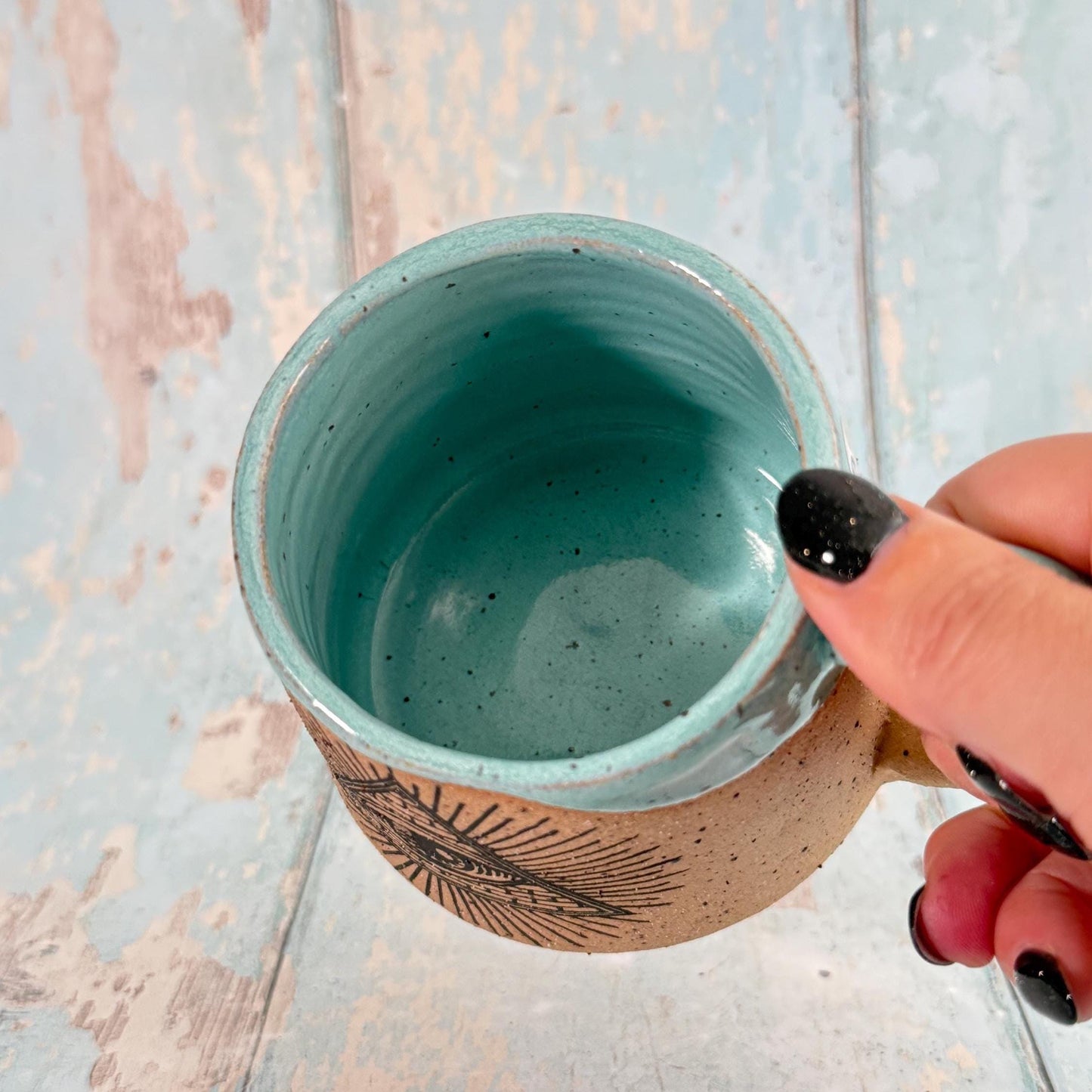 Mystical Hand and Eye Mug, Handmade Copper Ceramic Cup