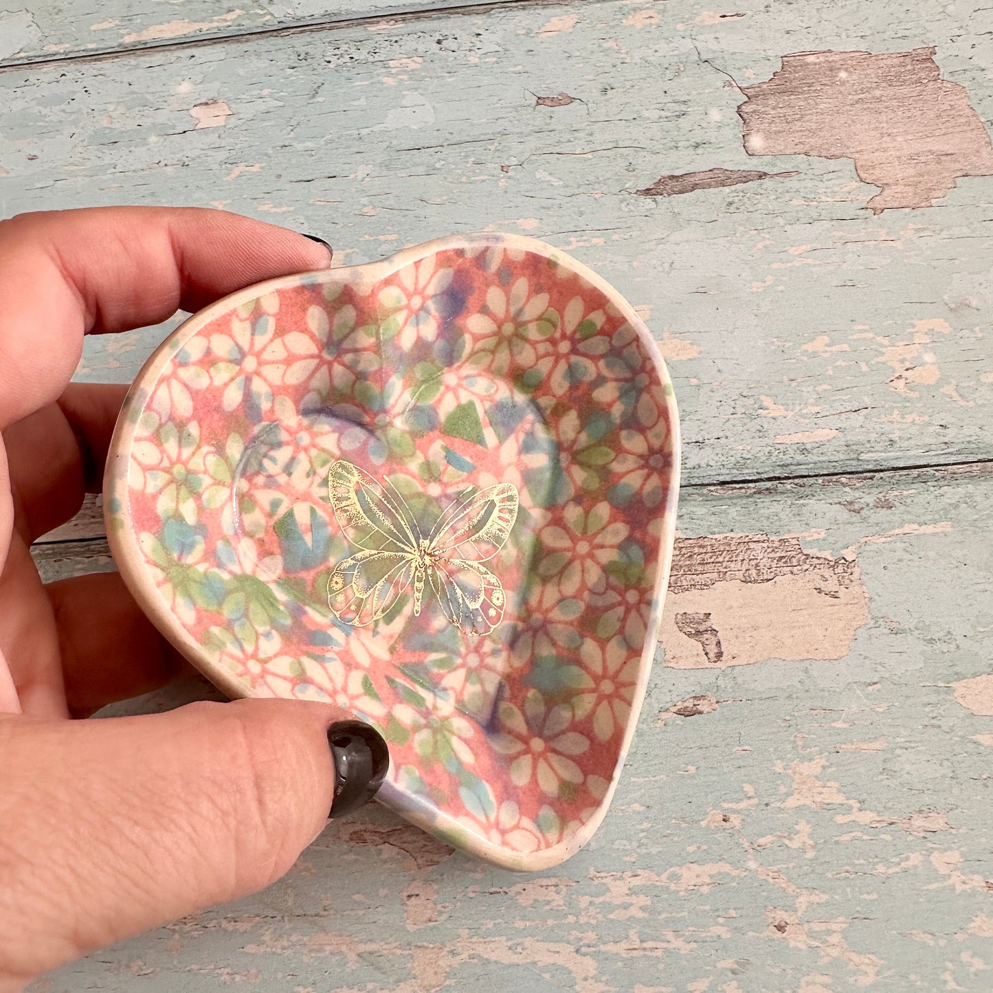 Small Pink and Gold Butterfly Heart Ring Dish, Handmade Ceramic Pot