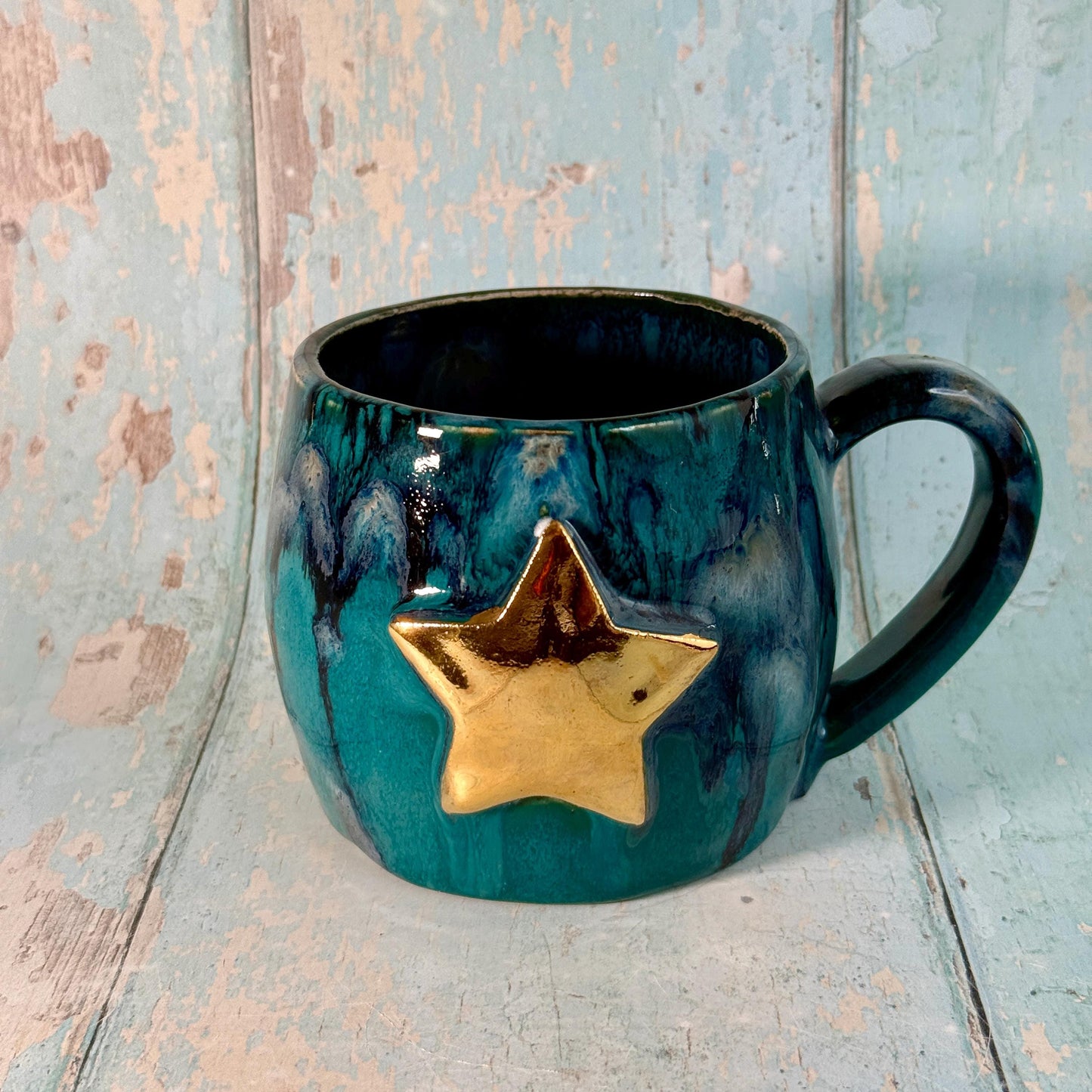 Turquoise and Black Gold Star Mug, Handmade Ceramic Mug