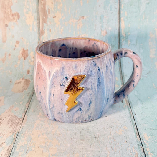 Lavender and Gold Lightning Bolt Mug, Handmade Ceramic Cup