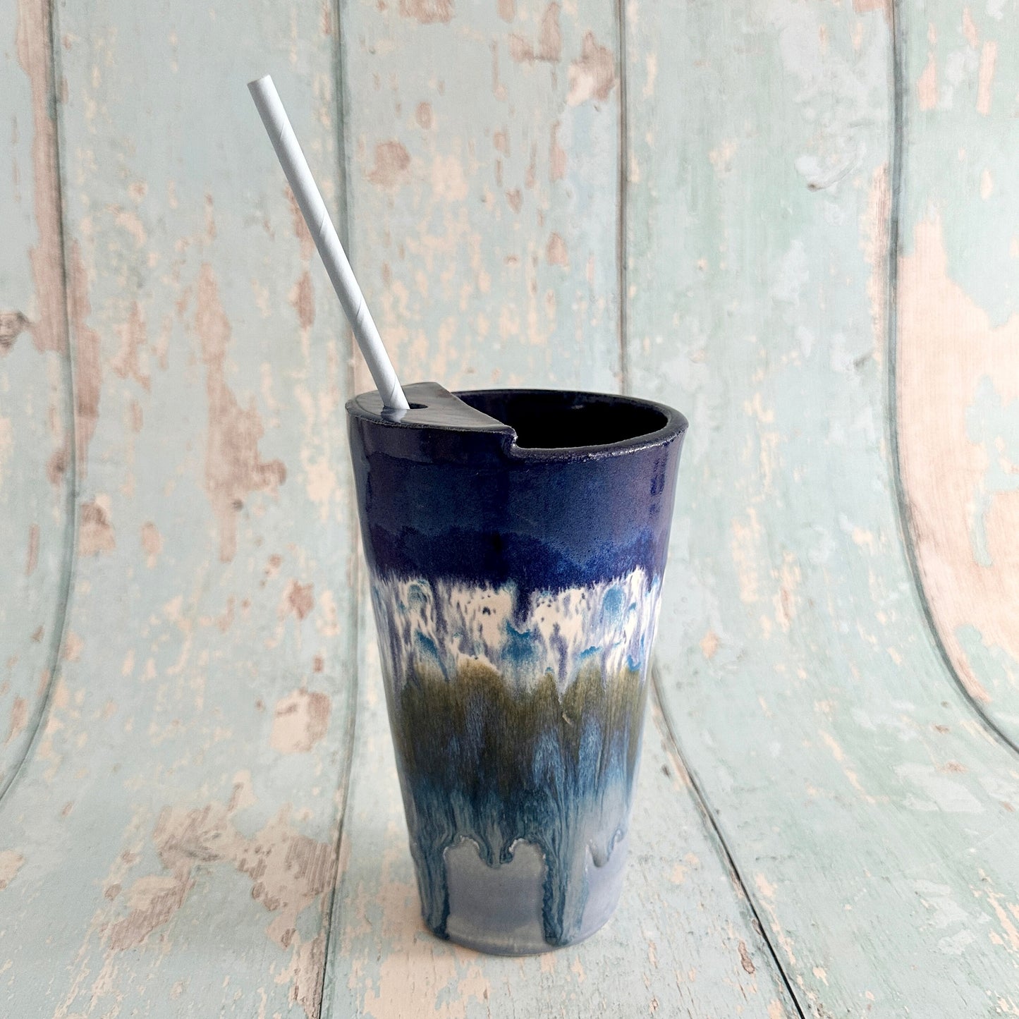Blue Straw-holder Tumbler, Large Ceramic Cup