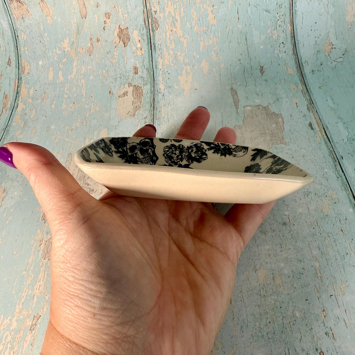 Skull Floral Jewellery Dish, Handmade Ceramic Pot