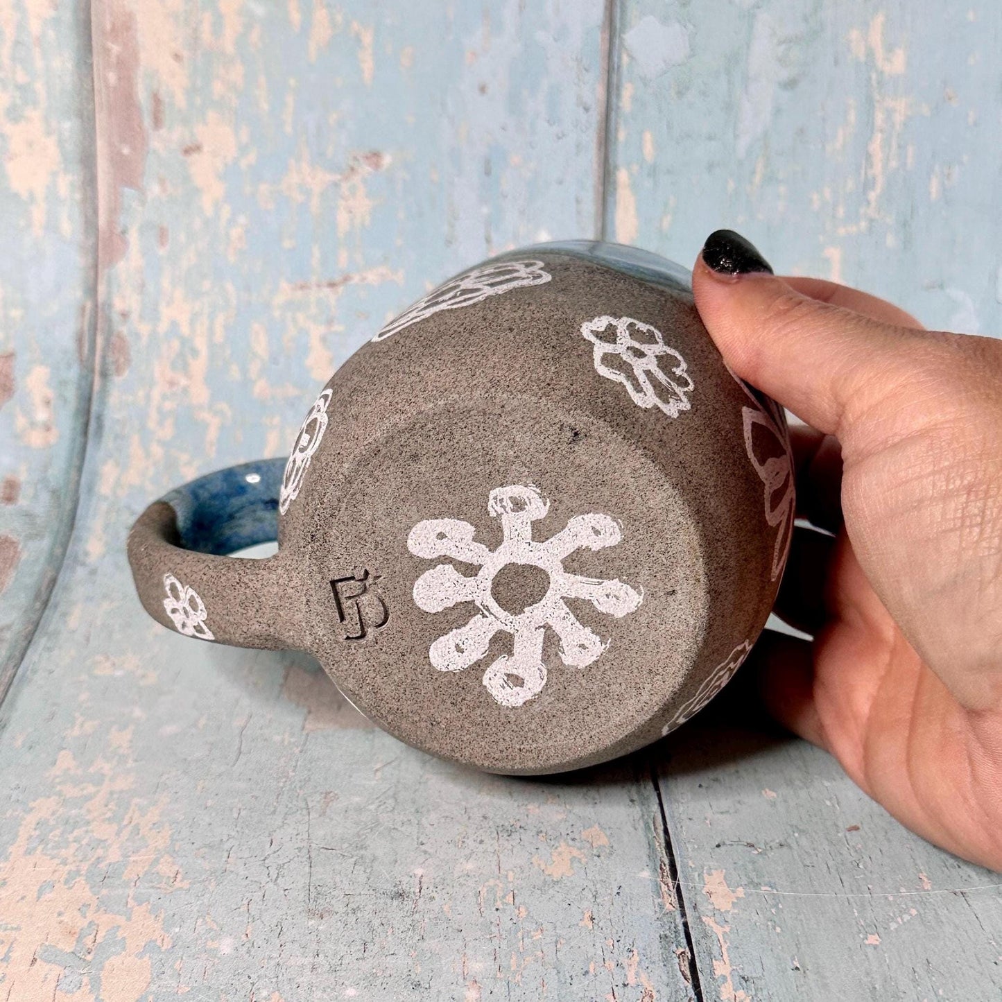 Blue and Grey Flower Mug, Large Handmade Ceramic Cup
