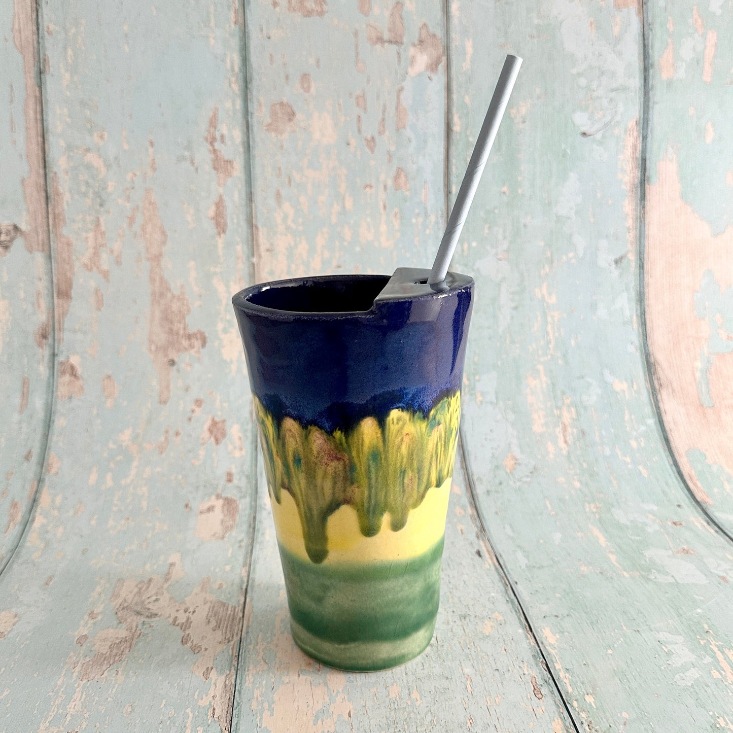 Blue, Yellow and Green Straw-holder Tumbler, Large Ceramic Cup