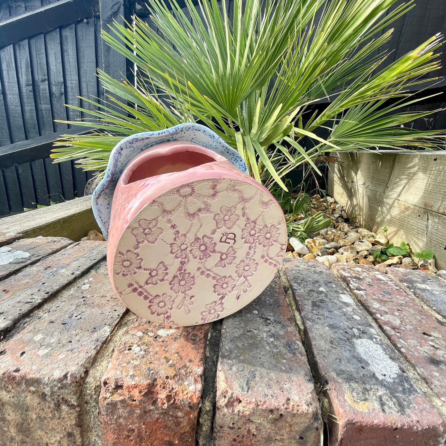 Pink and Blue Ceramic Bird feeder, Handmade Garden Decoration