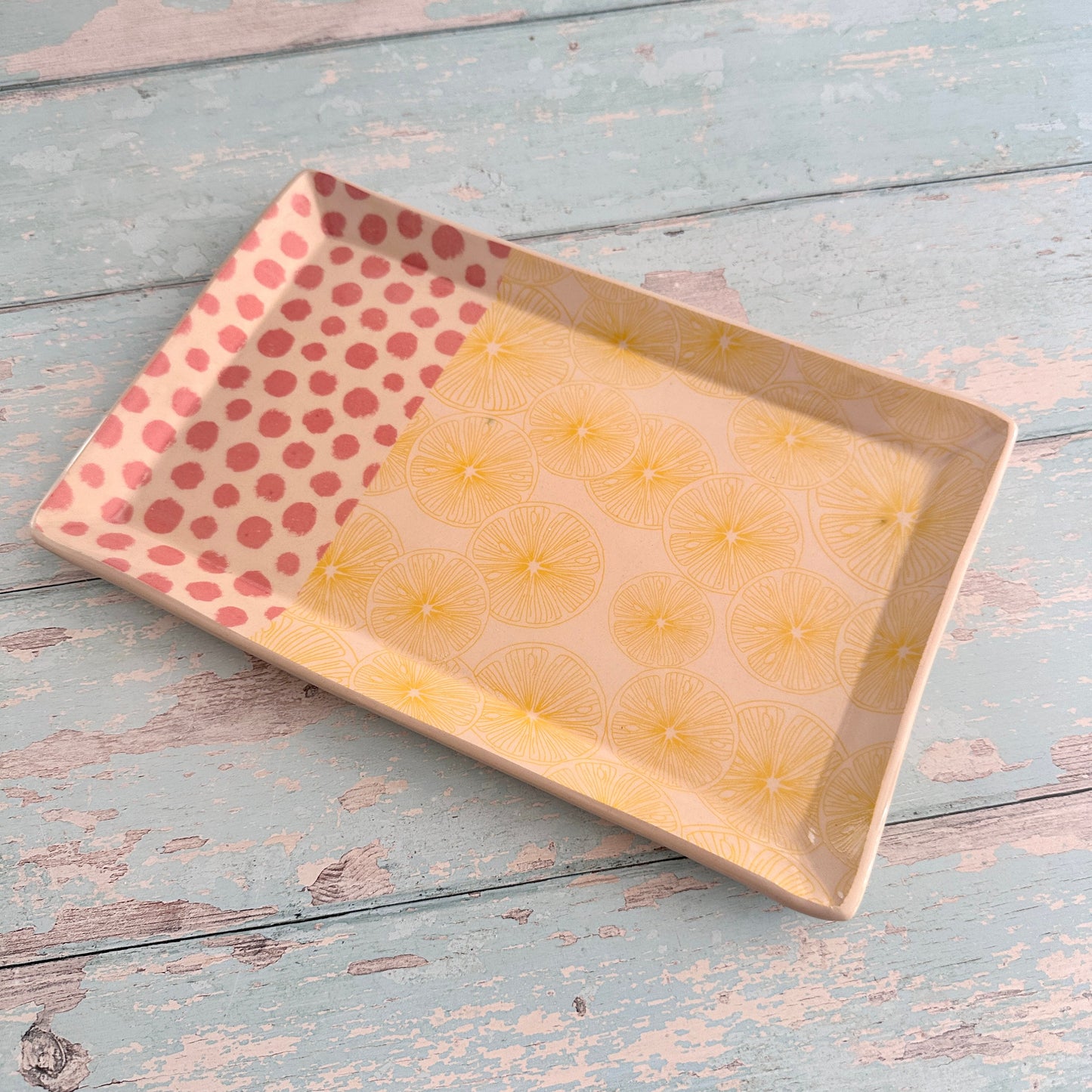 Pink and Yellow lemon Plater, Large Handmade Rectangle Ceramic Plate