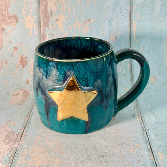 Turquoise and Black Gold Star Mug, Handmade Ceramic Mug