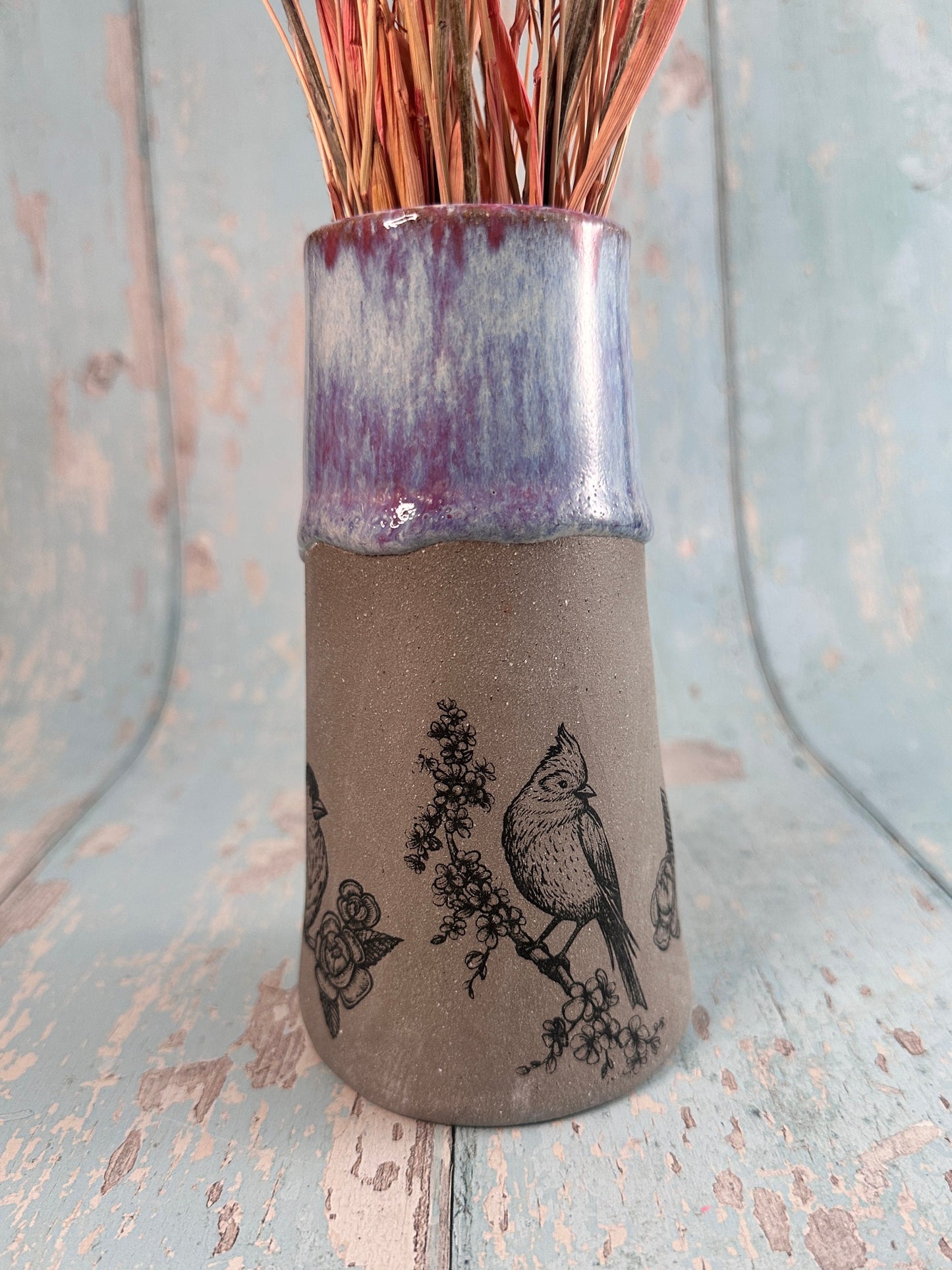 Purple Bird Floral Ceramic Vase, Handmade Modern Pottery