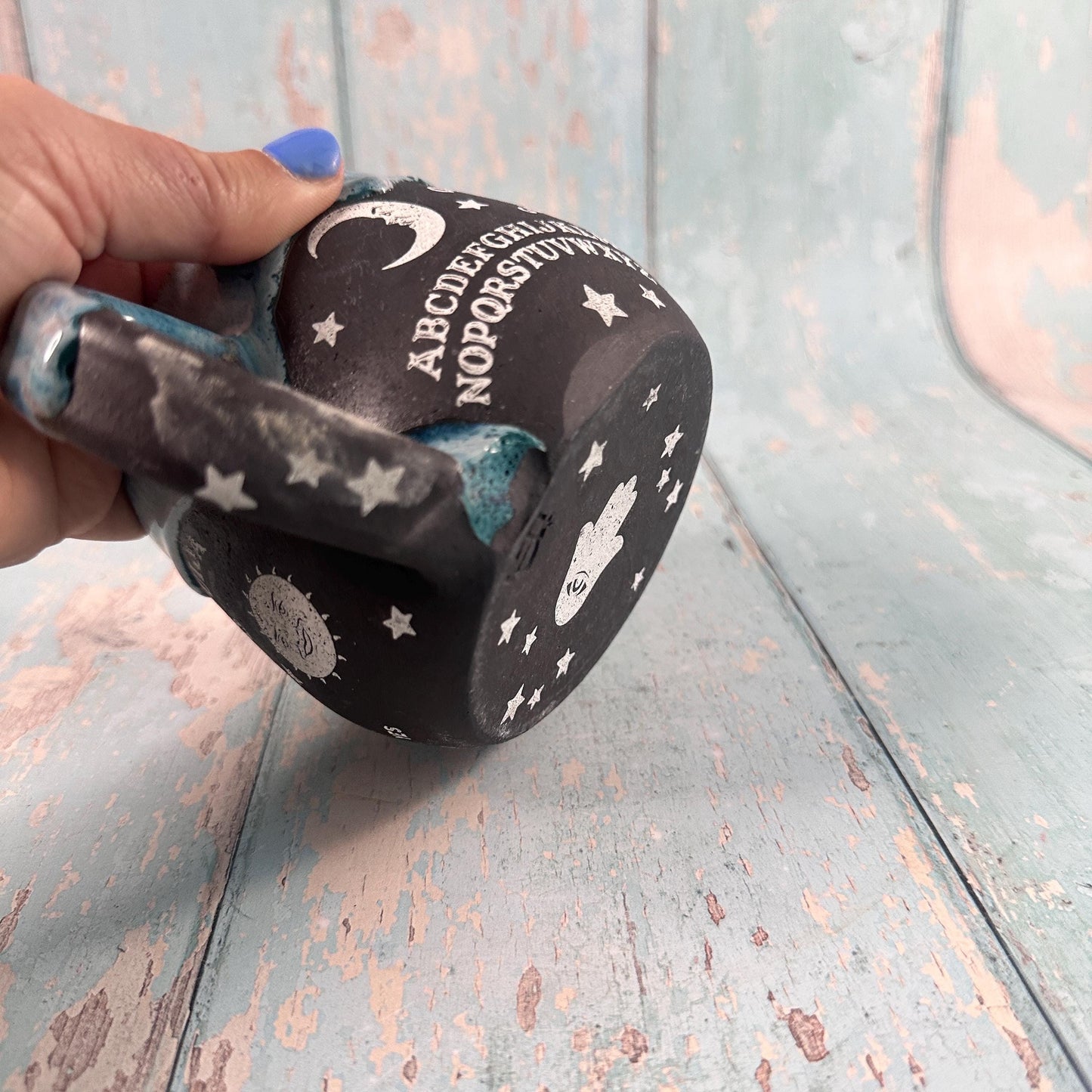 Black and Blue Ouija Mug, Handmade Ceramic Cup - Second