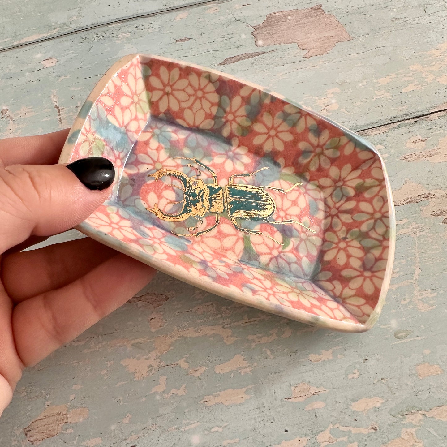 Small Pink and Gold Beetle Ring Dish, Handmade Ceramic Pot