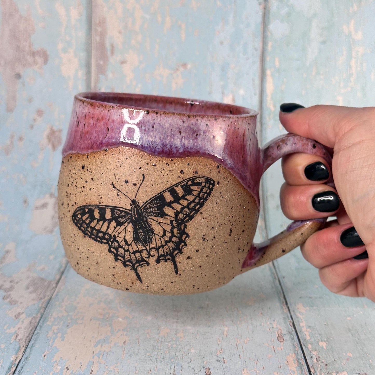 Pink Butterfly Mug, Large Ceramic Cup