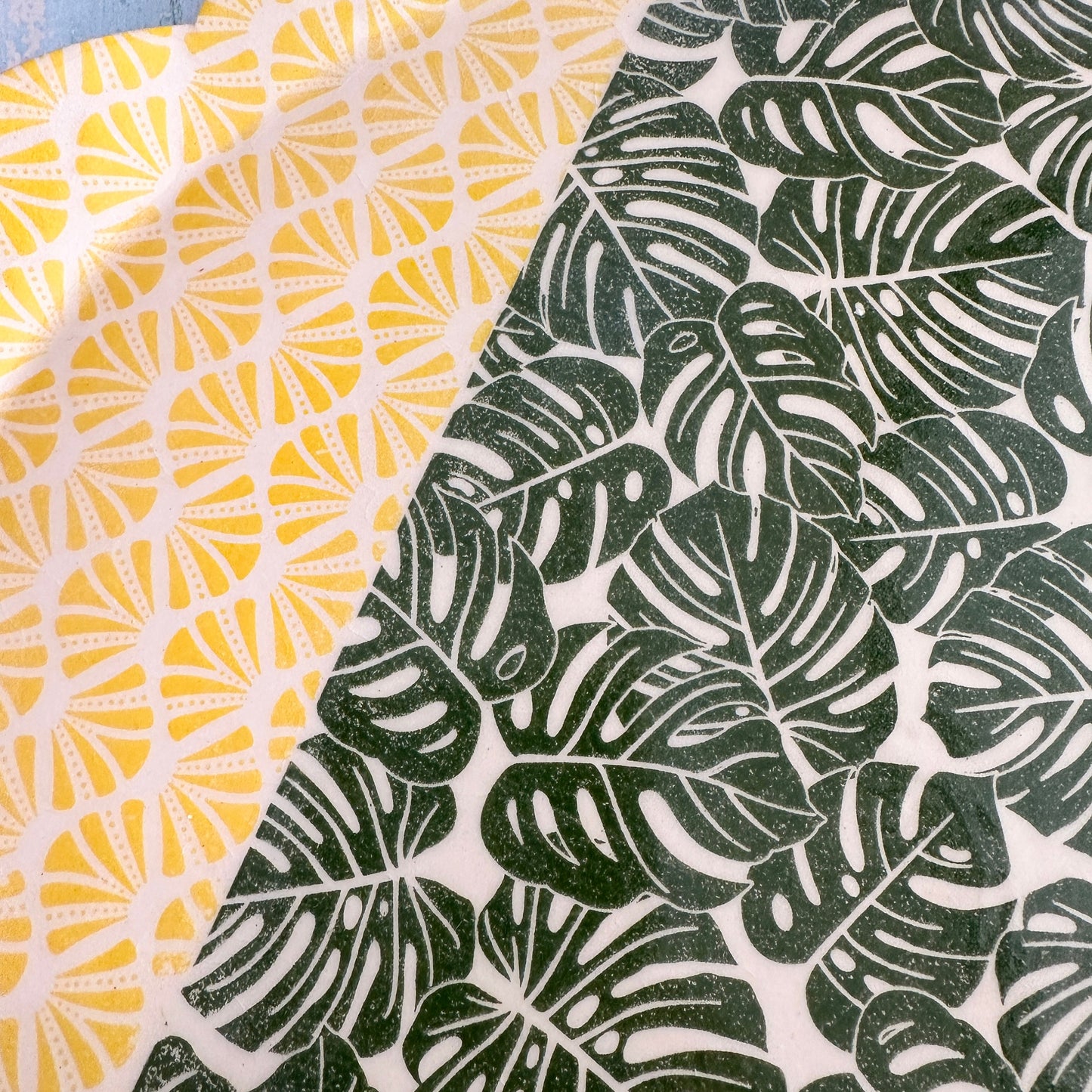 Green Monstera and Yellow Platter, Handmade Ceramic Cake Plate