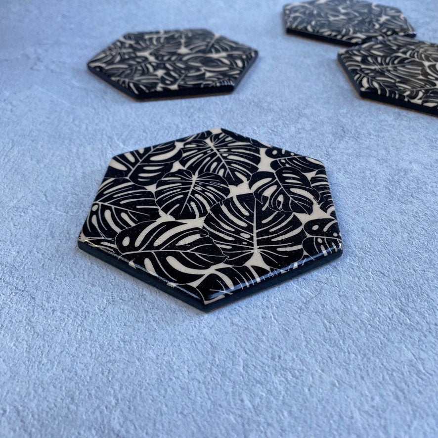 Handmade Ceramic Coaster, Black Monstera Leaf