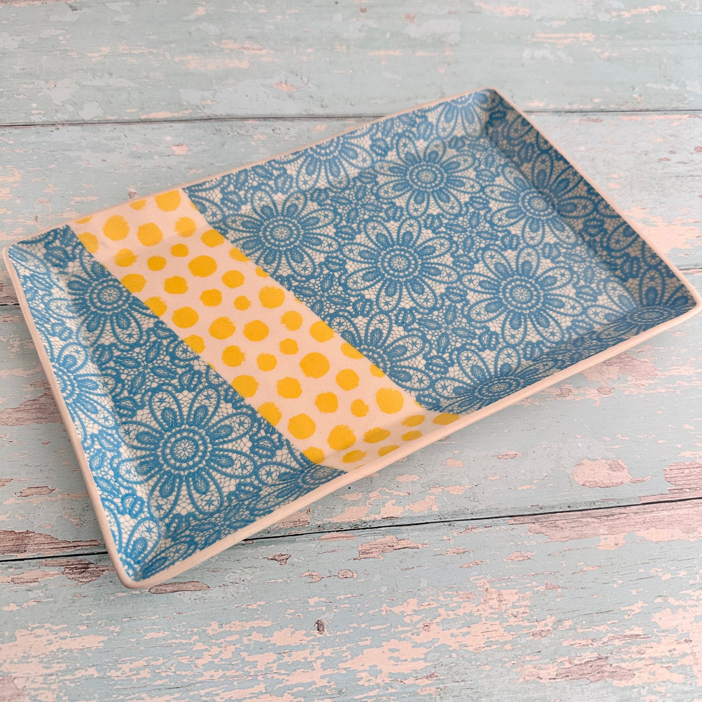 Turquoise Blue Lace and Yellow Platter, Large Handmade Rectangle Ceramic Plate