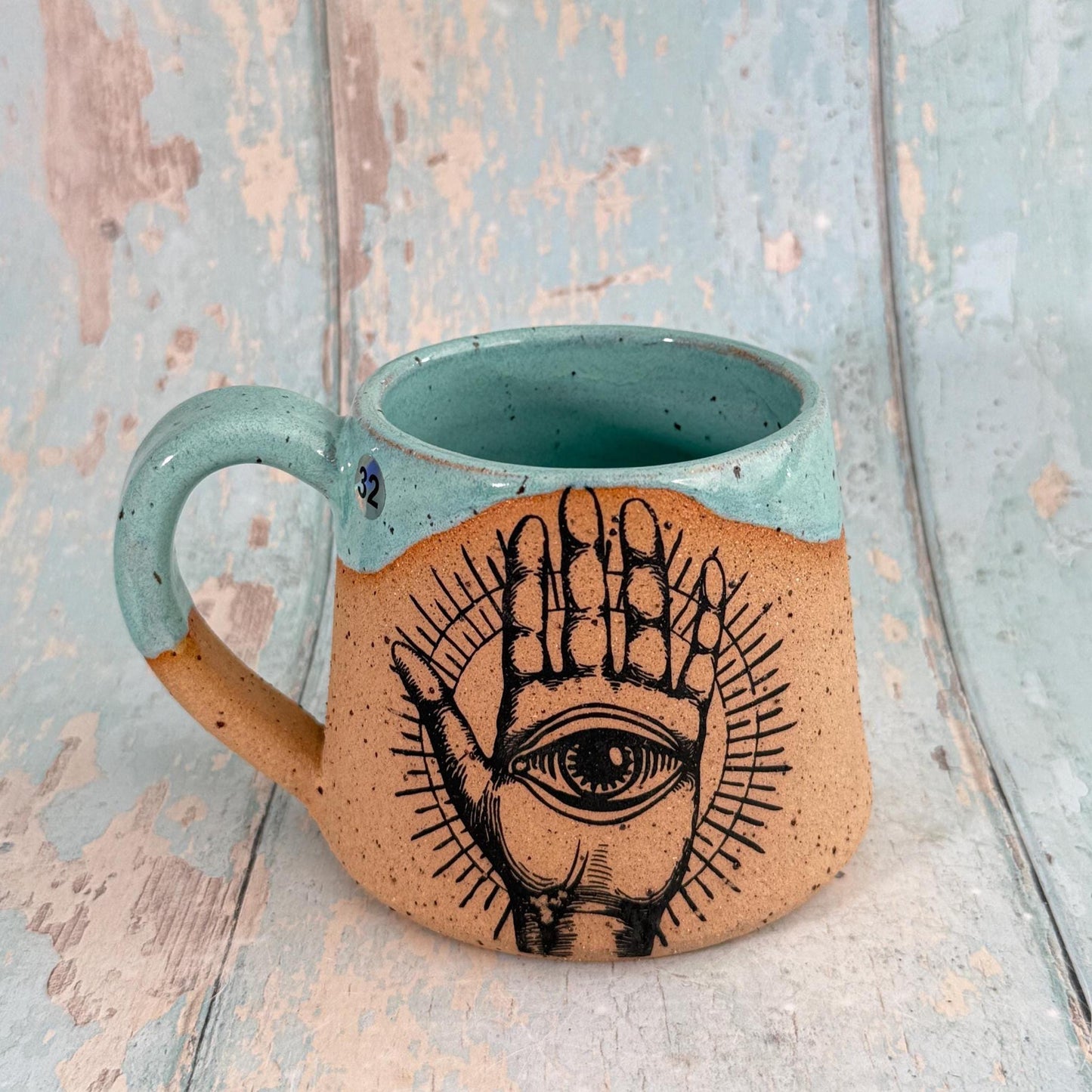 Mystical Hand and Eye Mug, Handmade Copper Ceramic Cup