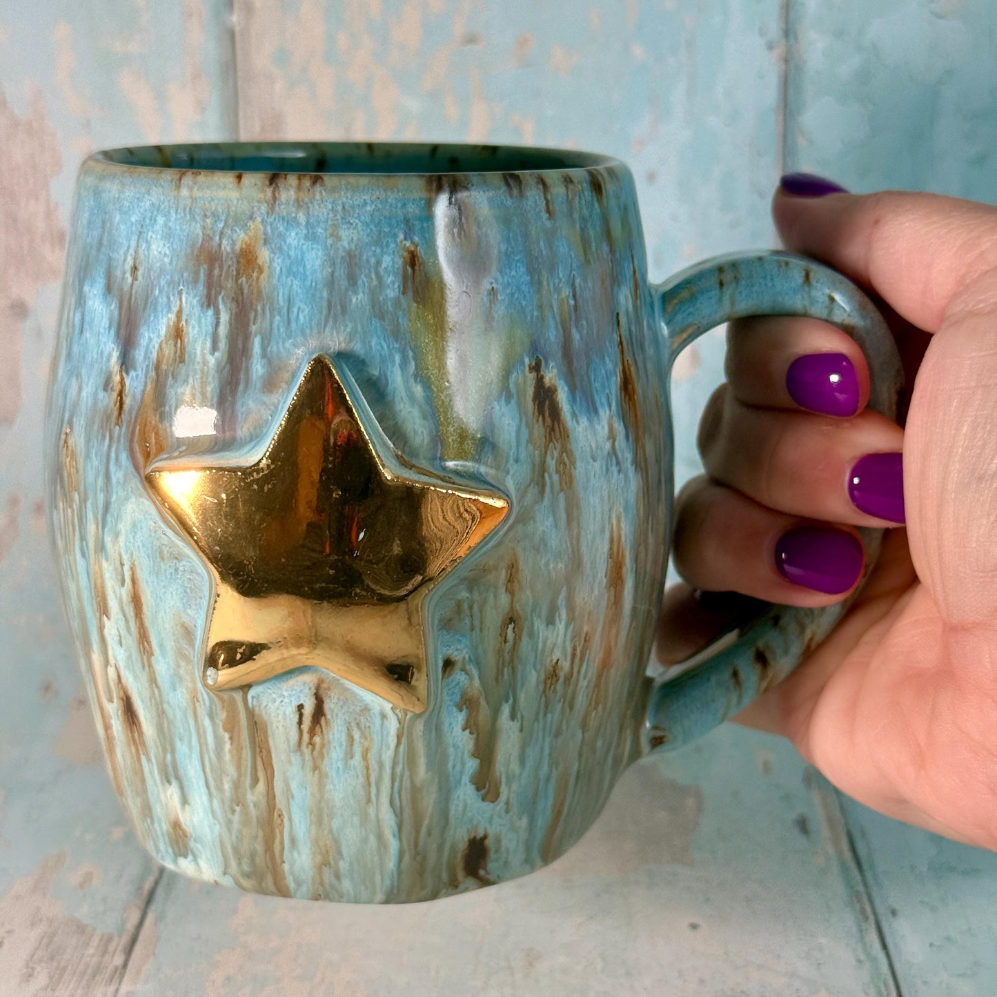 Blue Gold Star Mug, Handmade Ceramic Mug