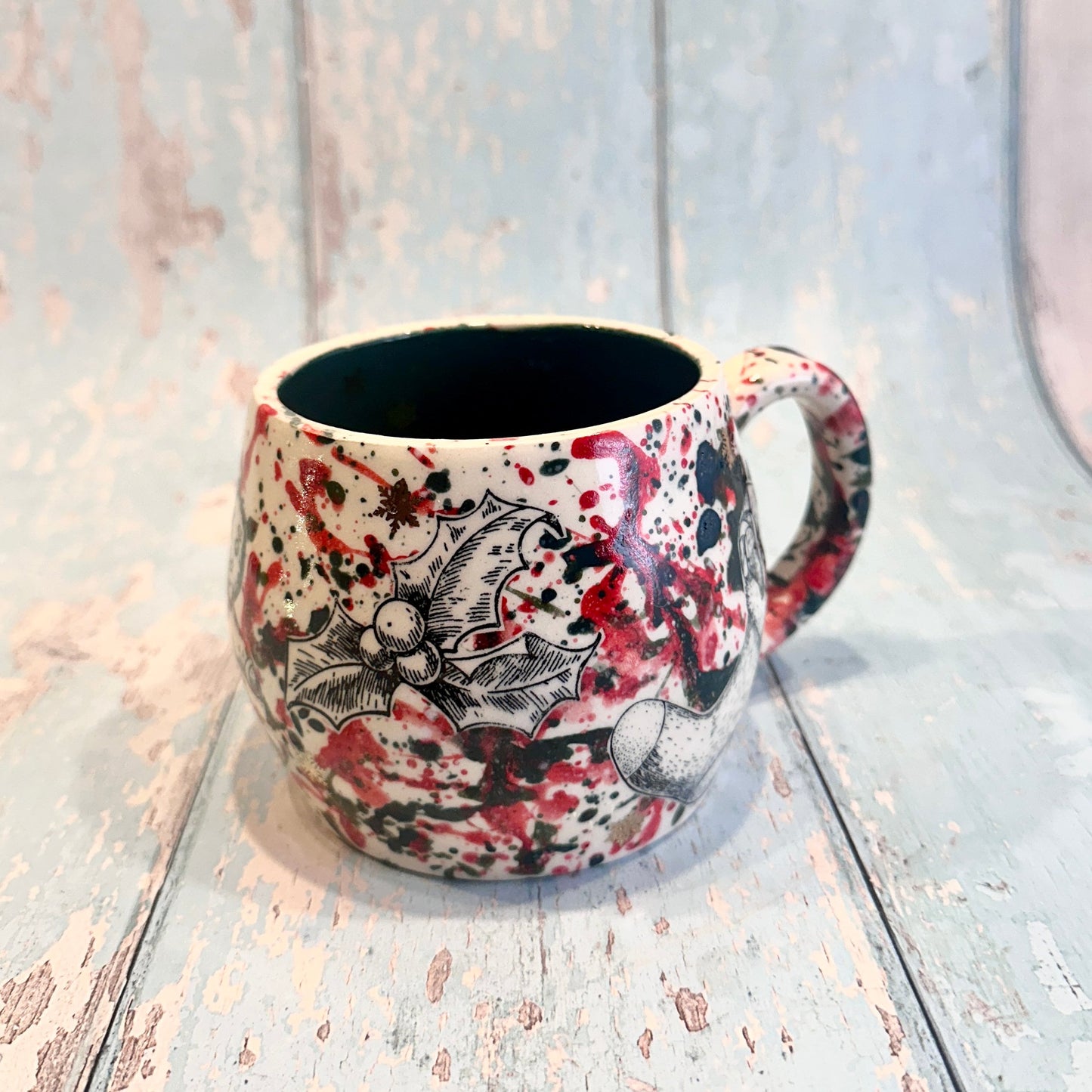 Large Christmas Mug, Handmade Ceramic Cup, Green Red Gold