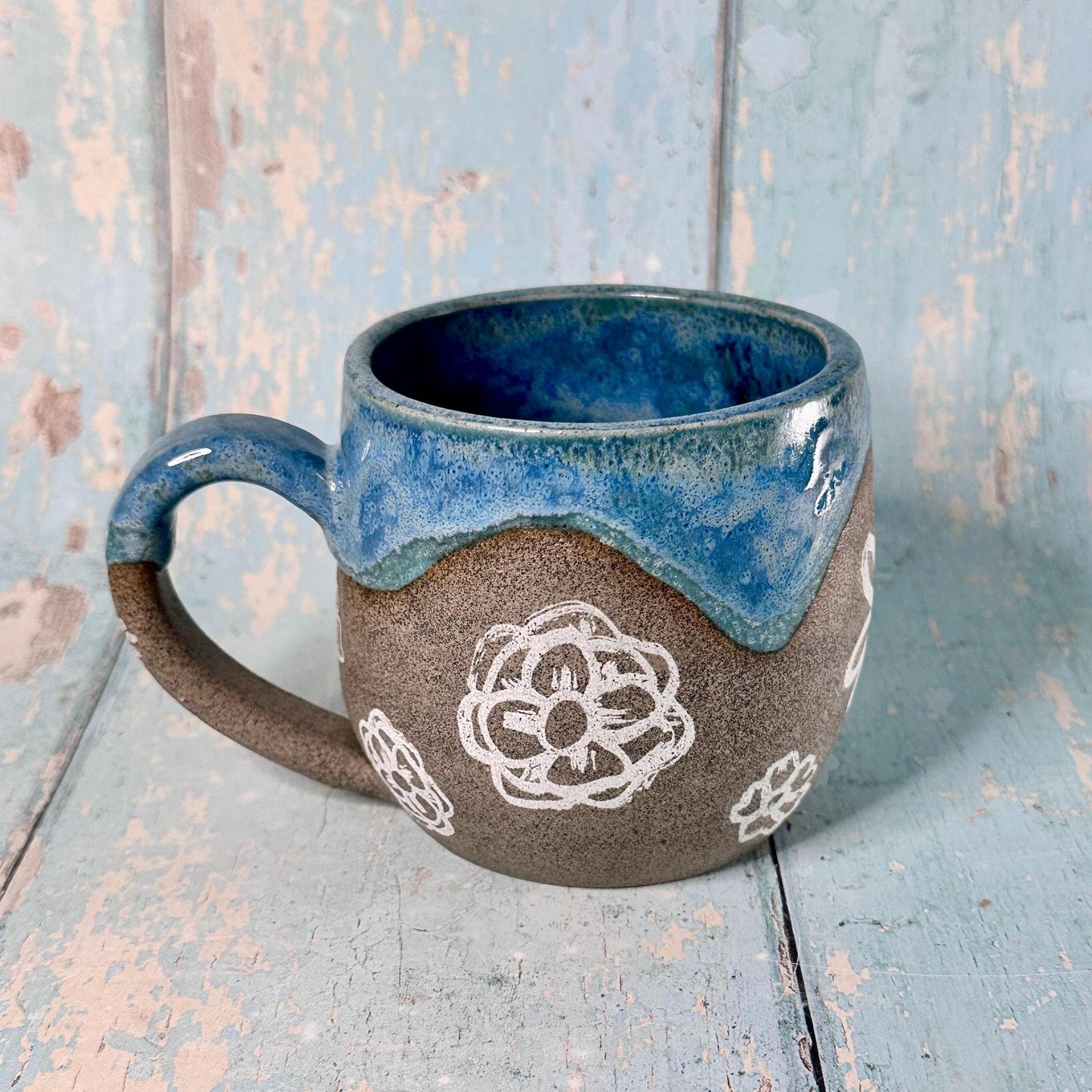 Blue and Grey Flower Mug, Large Handmade Ceramic Cup