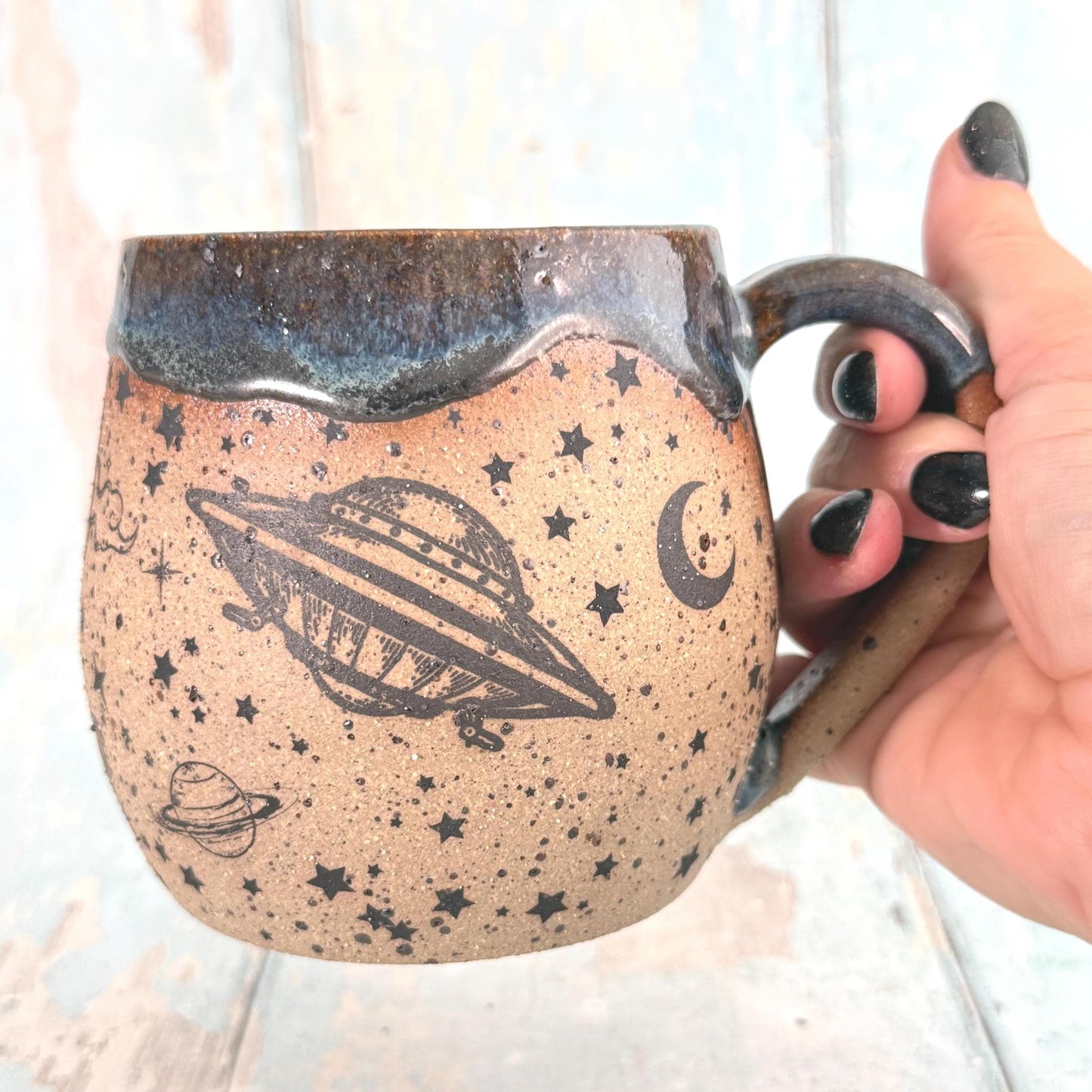 Blue Space UFO Mug, Large Ceramic Cup, UAP Alien