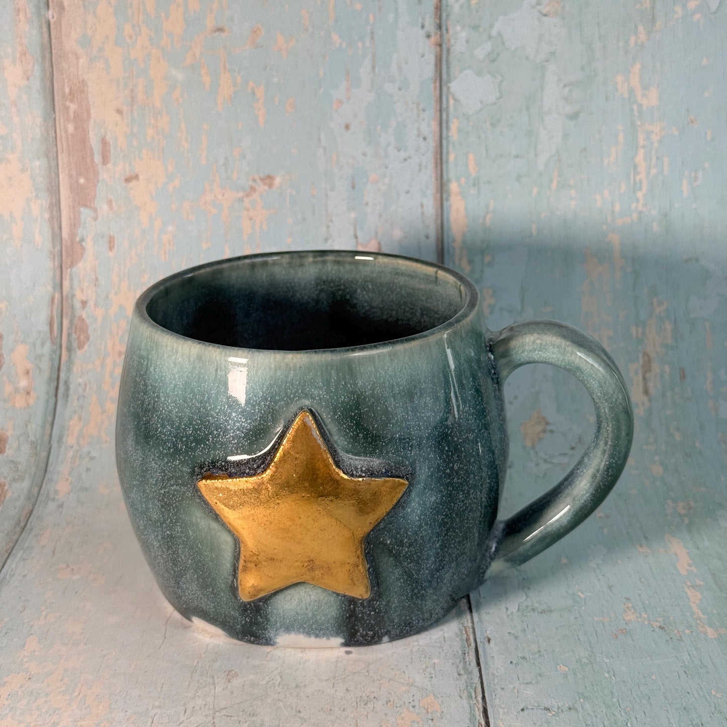 Green Gold Star Mug, Handmade Ceramic Mug