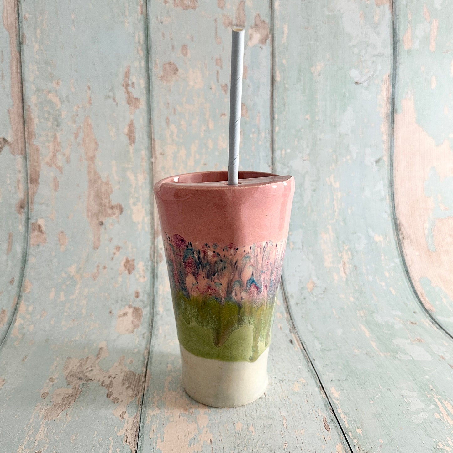 Pink and Green Straw Holder Tumbler, Large Ceramic Cup
